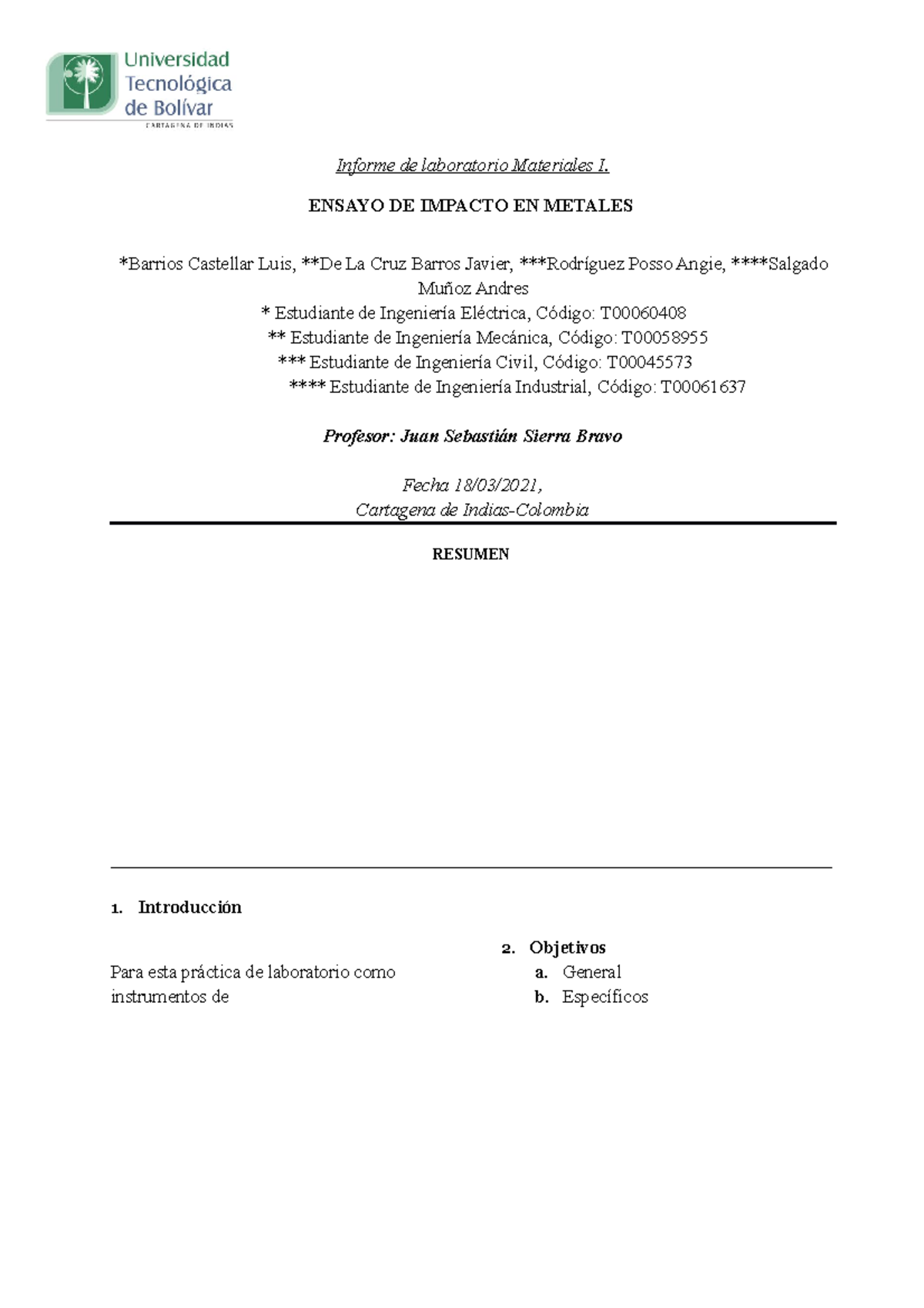 Ensayo De Impacto. Barrios, Rodriguez, Salgado, De La Cruz - Informe De ...