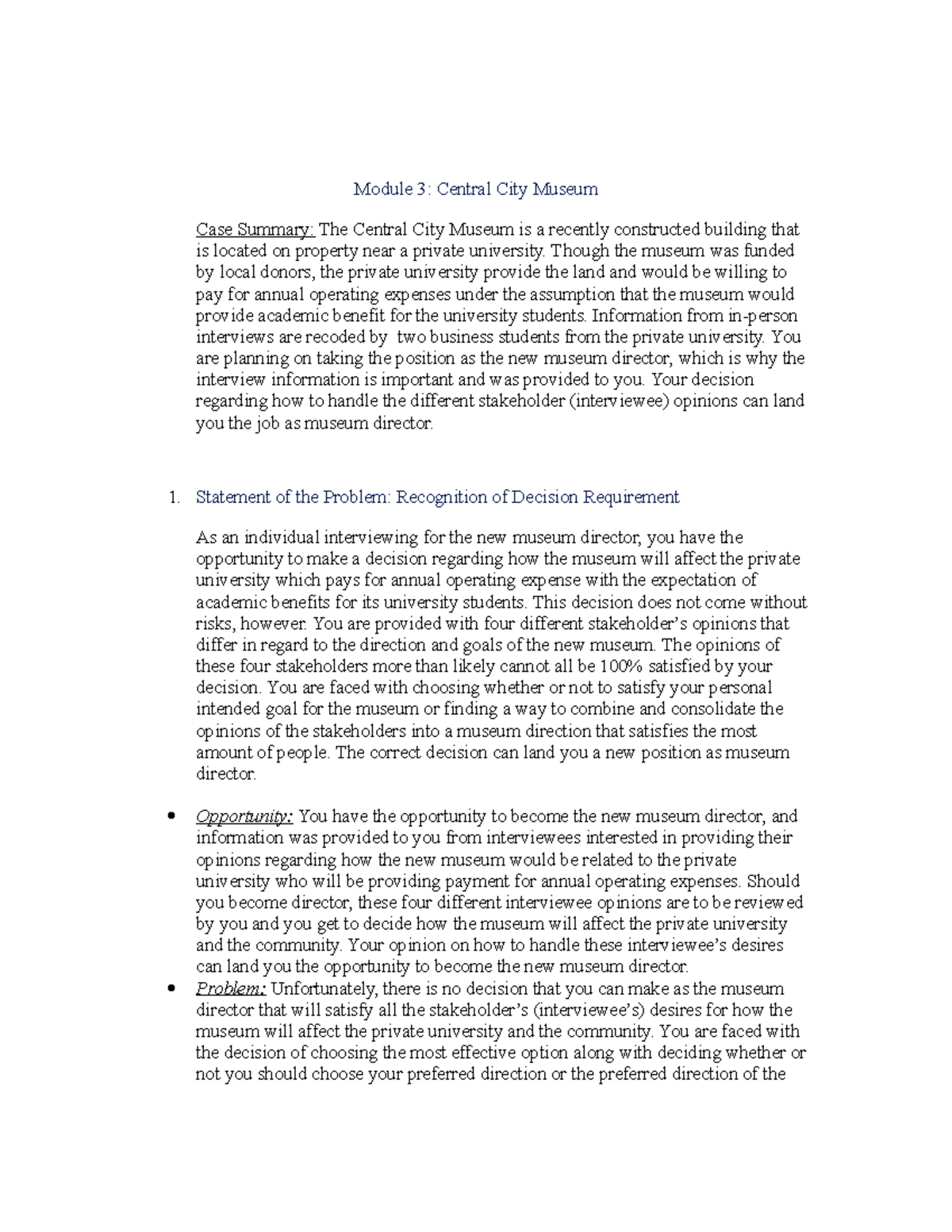 Case Study 3 Central City Museum - Module 3: Central City Museum Case