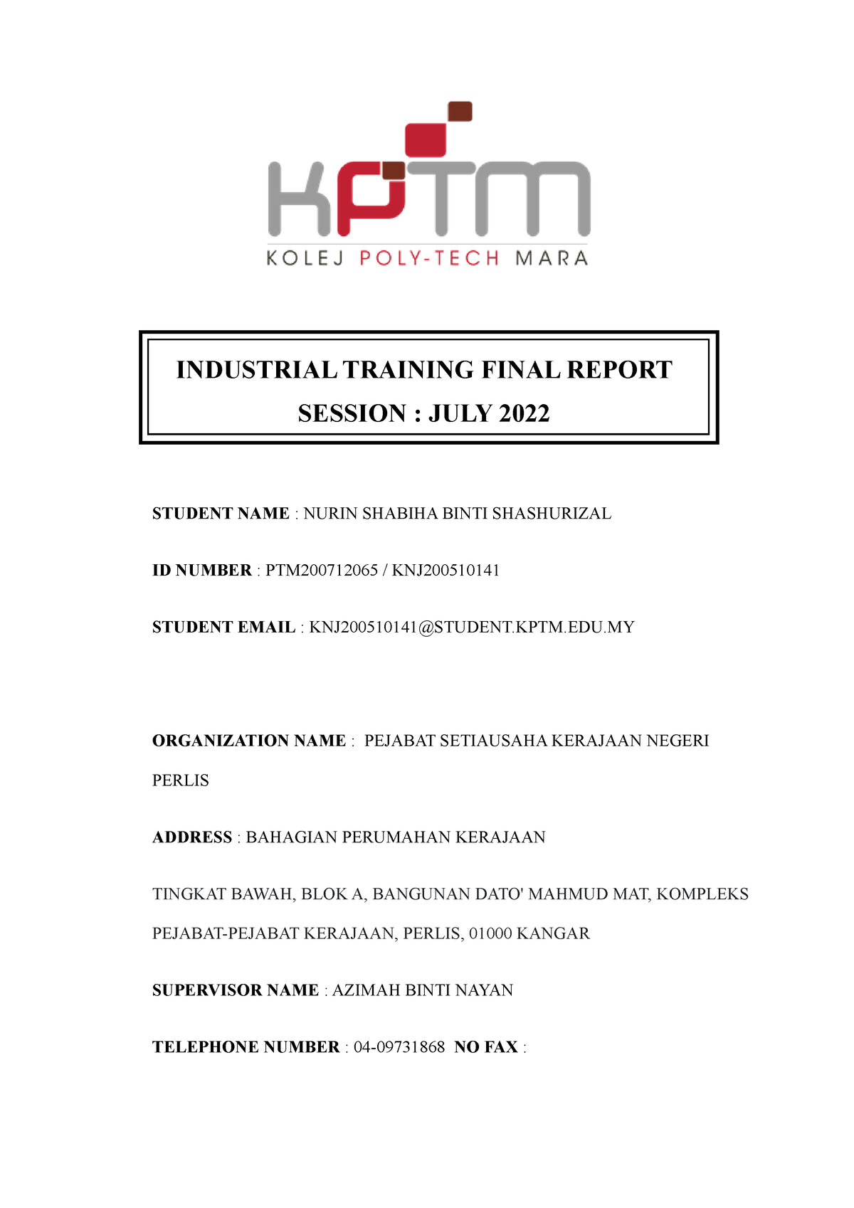 Industrial Training Final Report- Yien - INDUSTRIAL TRAINING FINAL ...