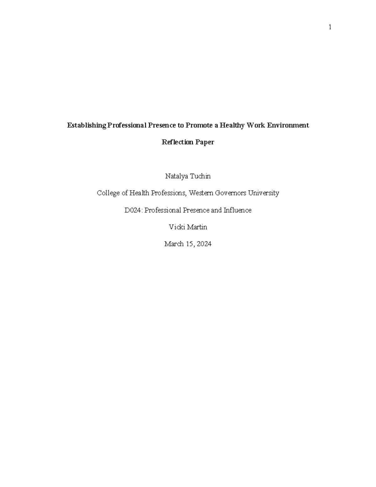 Reflection Paper Revised Tuchin - Establishing Professional Presence To 