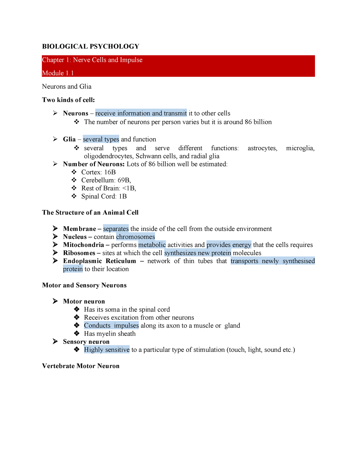 Biological Psychology 1 - BIOLOGICAL PSYCHOLOGY Chapter 1: Nerve Cells ...