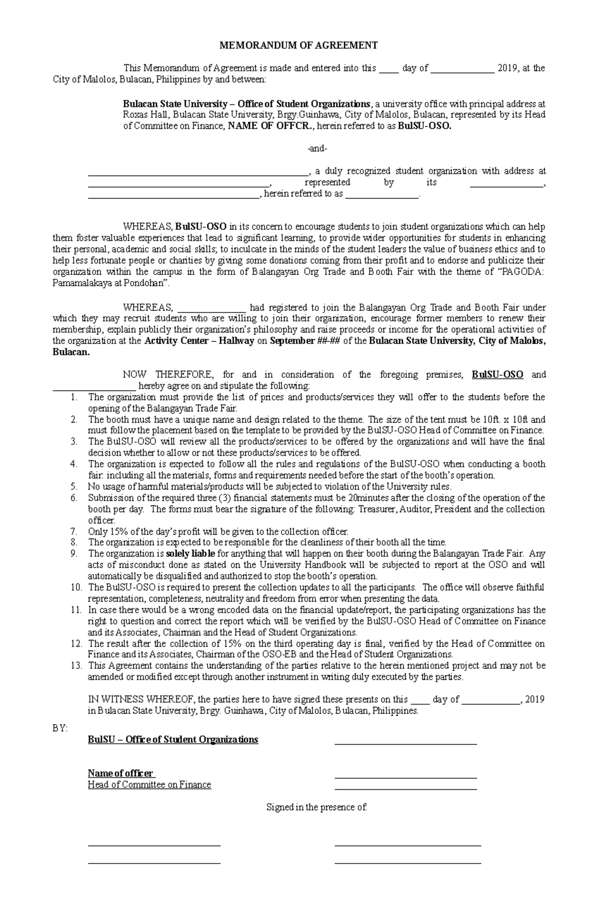 Memorandum of Agreement - , herein referred to as BulSU-OSO. -and ...