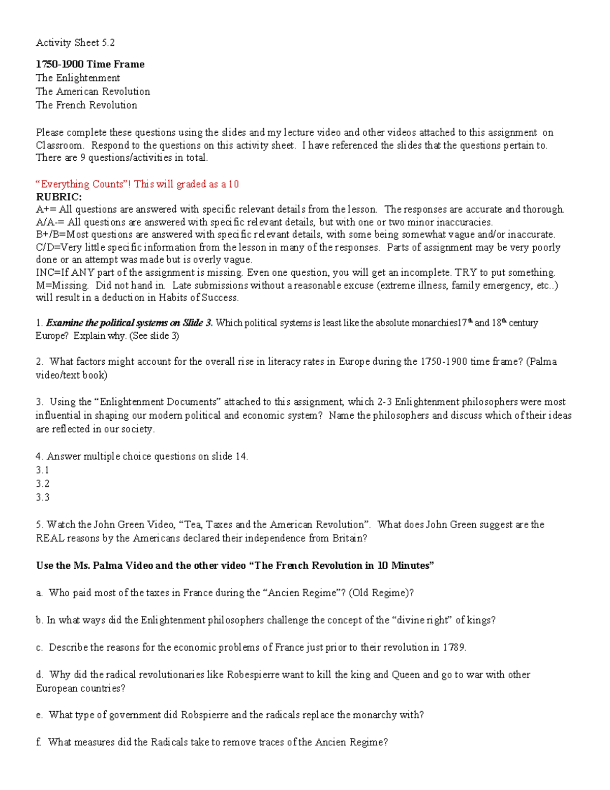 Activity Sheet 5 - 1750-1900 Time Frame The Enlightenment The American ...