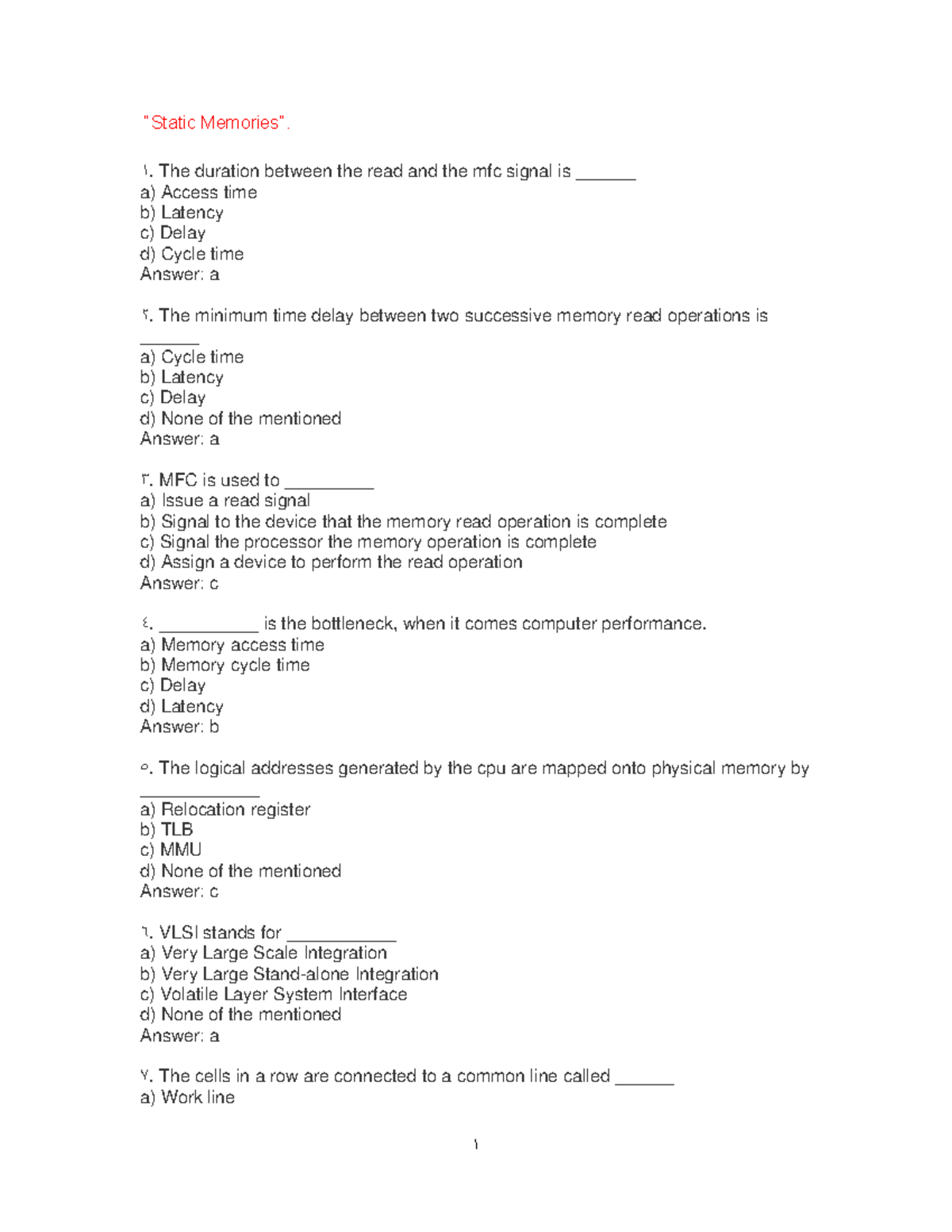Ch 4 Memory System 11 - MCQ, T/F questions for Computer Architecture ...