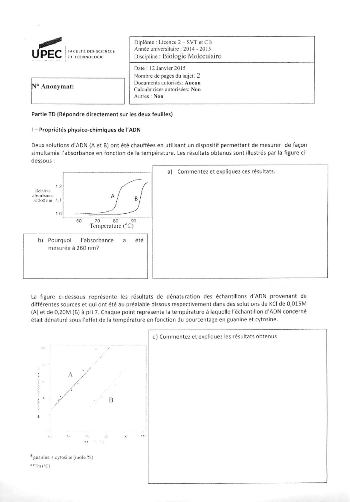 Partie TD Bio mol - Licence Sciences de la Vie et de la Terre parcours ...