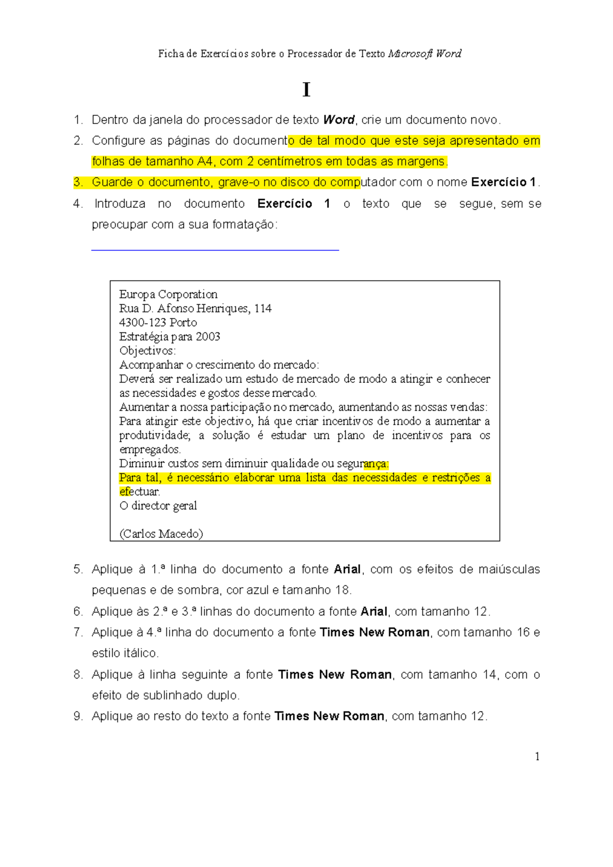 Exercicios WORD Diagnóstico 1 - Ficha de Exercícios sobre o Processador ...