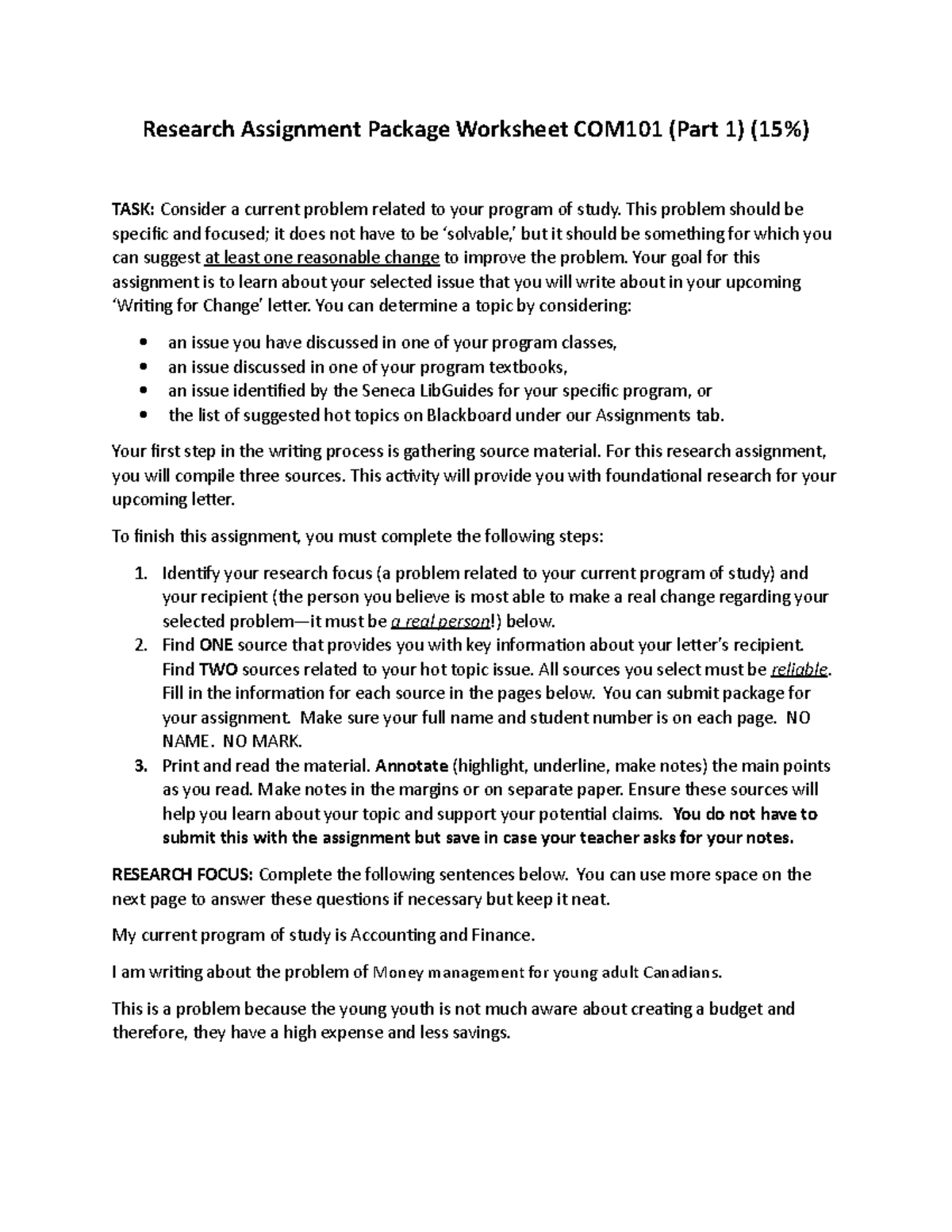 COM101 Research Assignment 123 - Research Assignment Package Worksheet ...
