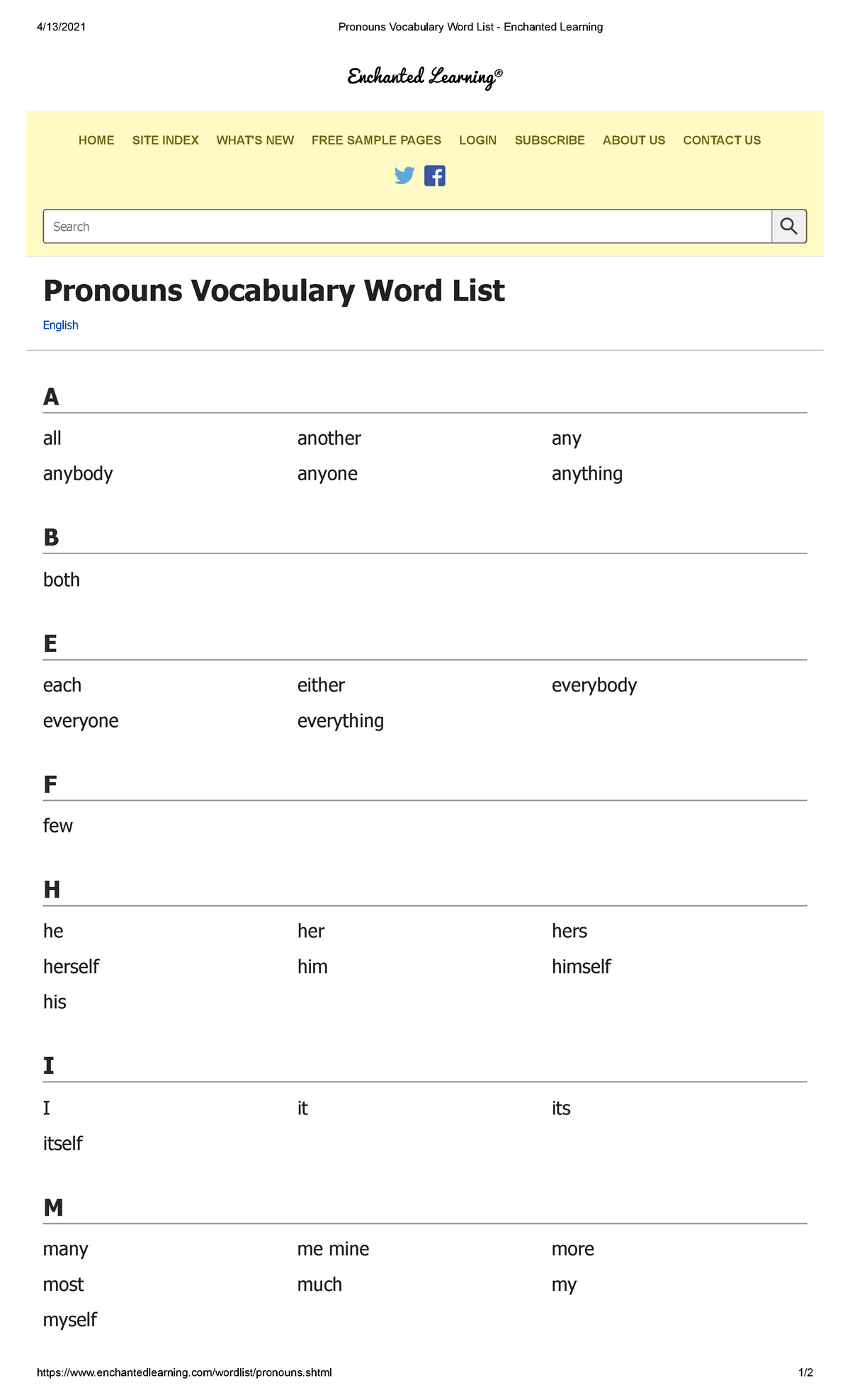 Pronouns Vocabulary Word List - Enchanted Learning - 4/13/2021 Pronouns ...