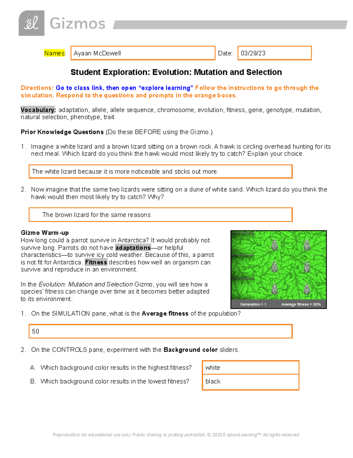 Ayaan Mc Dowell - Evolution Mutation Selection-Cprep - Names: Ayaan ...