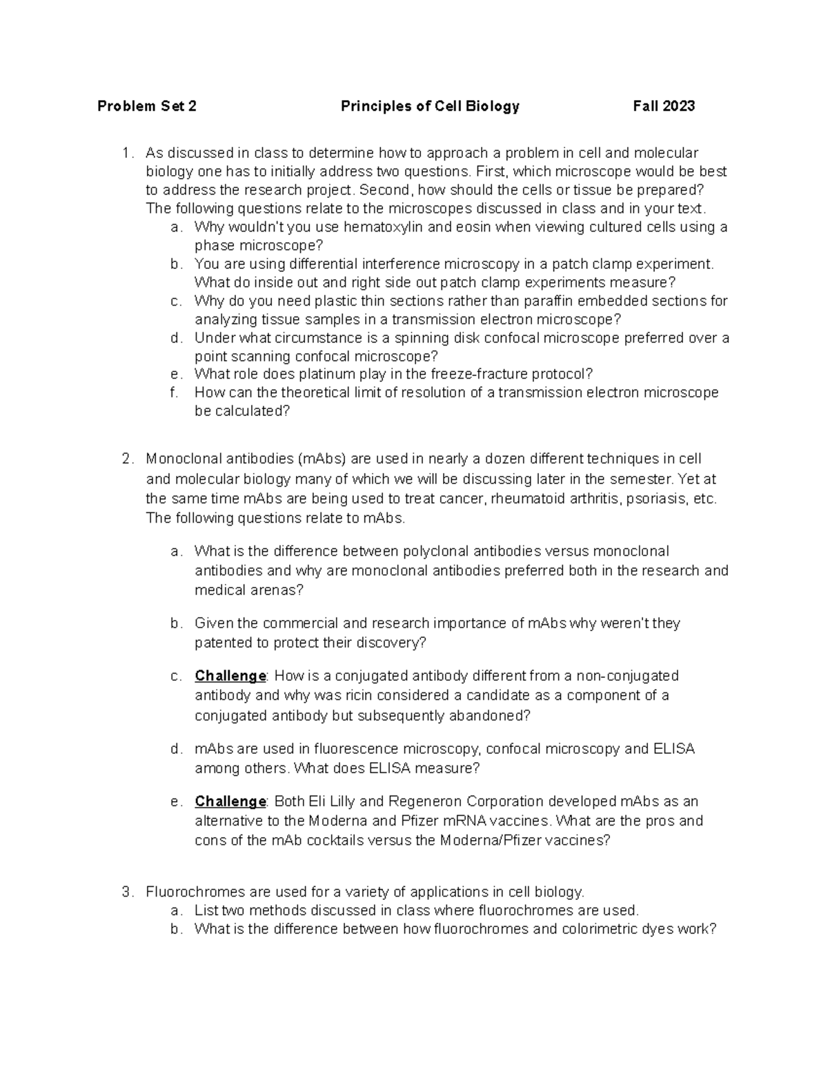 Probelm Set 2 Fall 2023 - Problem Set 2 Principles of Cell Biology Fall ...