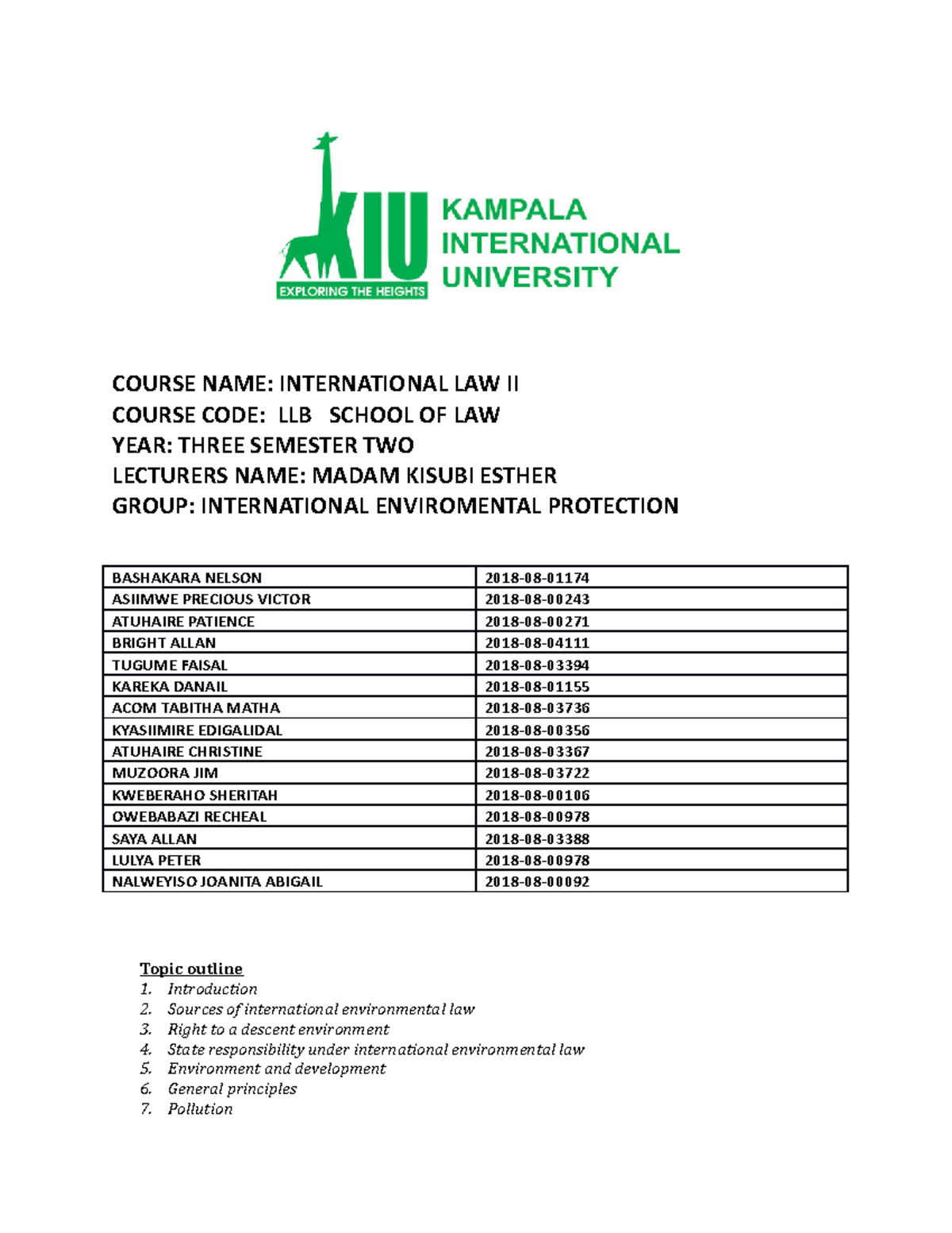 International Environmental LAW Course WORK NEL - COURSE NAME ...
