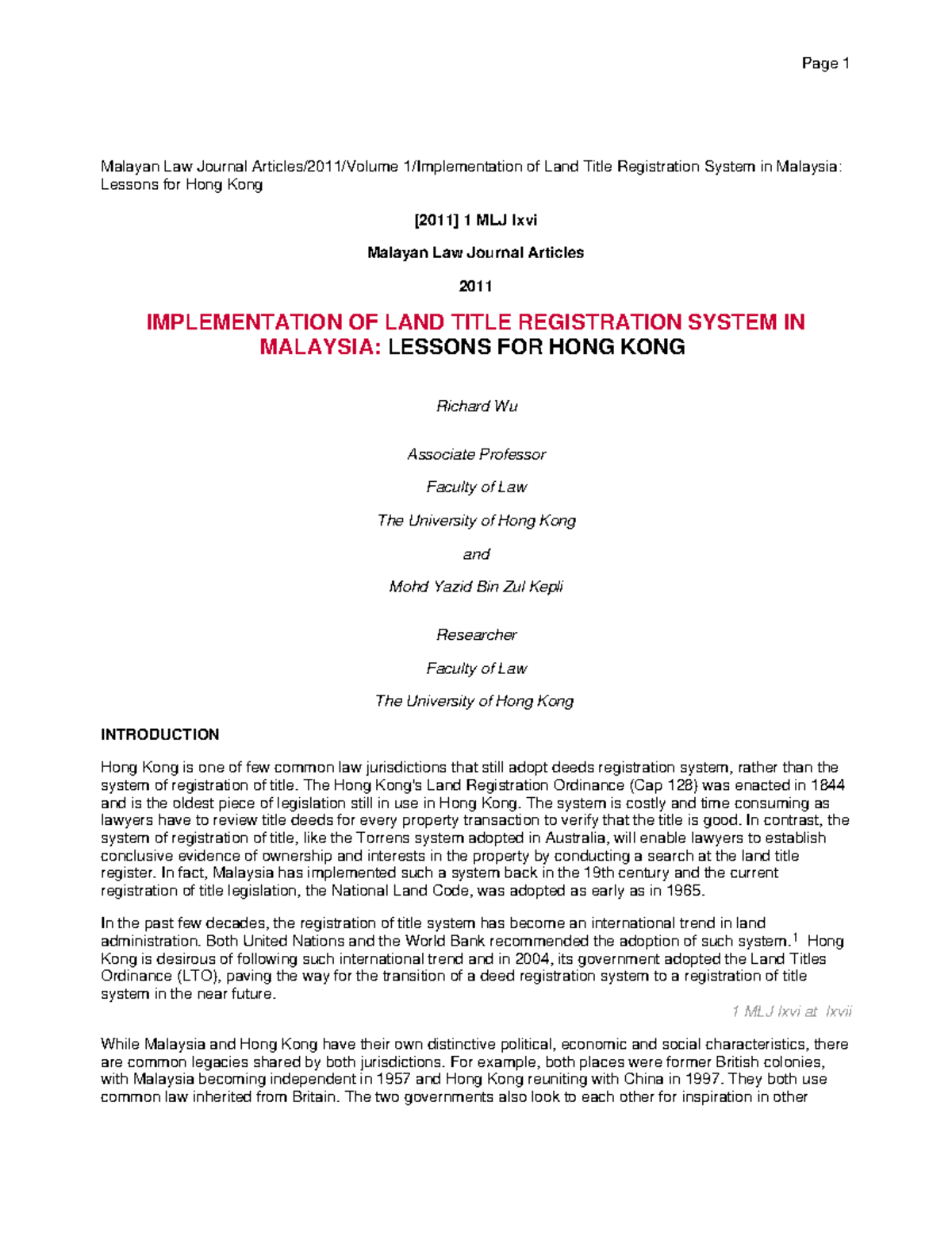 Implementation Of Land Title Registration System In Malaysia Lessons 