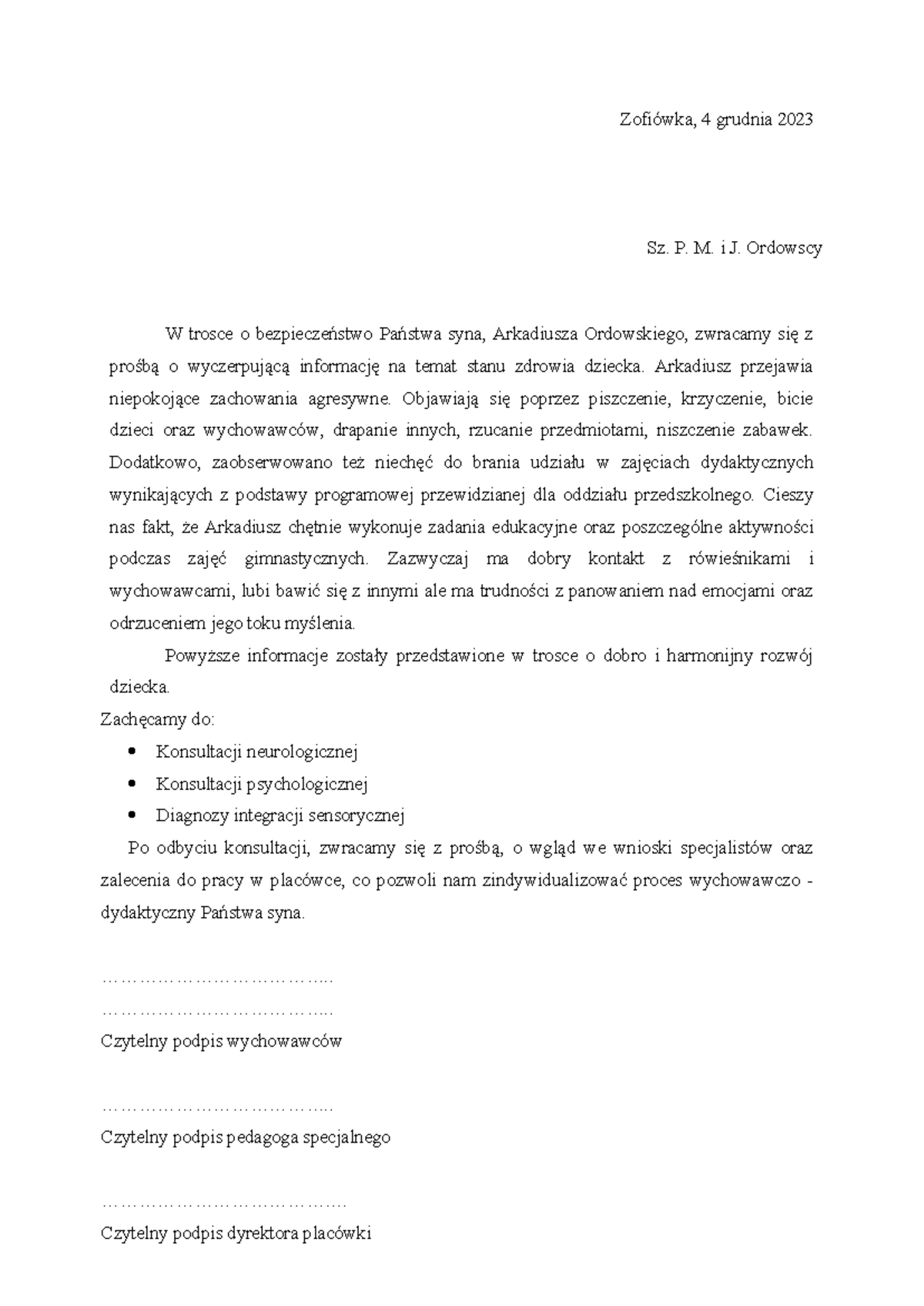 Arkadiusz O - opinia o uczniu - Zofiówka, 4 grudnia 2023 Sz. P. M. i J