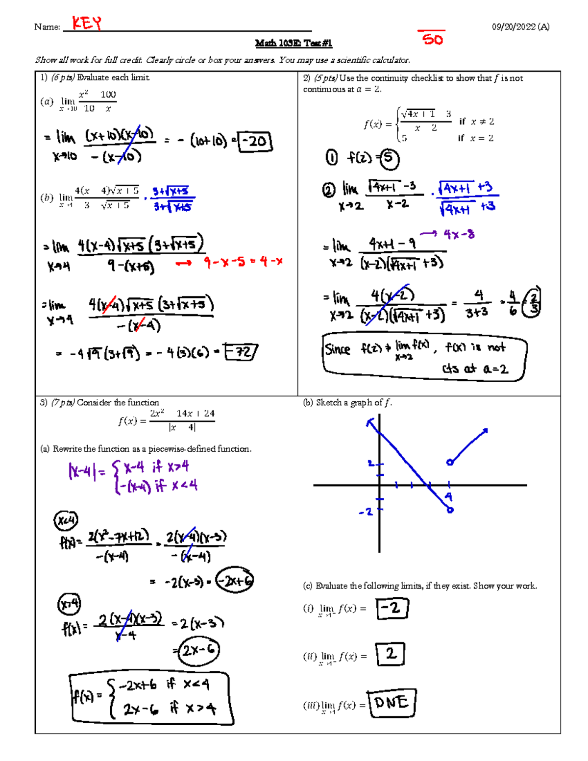 Math 103 Test 1 Solutions - Name: 09/20/2022 (A) Math 1 03E: Test # 1 ...