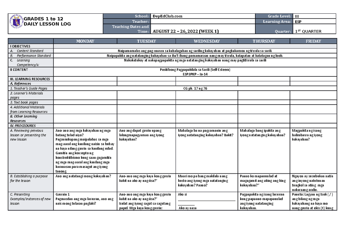 DLL ESP203 Q1 W1 - dll - GRADES 1 to 12 DAILY LESSON LOG School ...