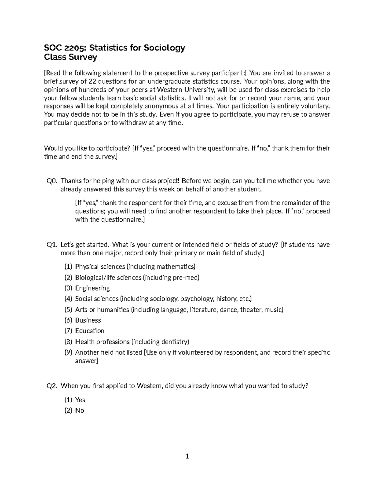 Sociology 2205- Stats survey questions - SOC 2205: Statistics for ...