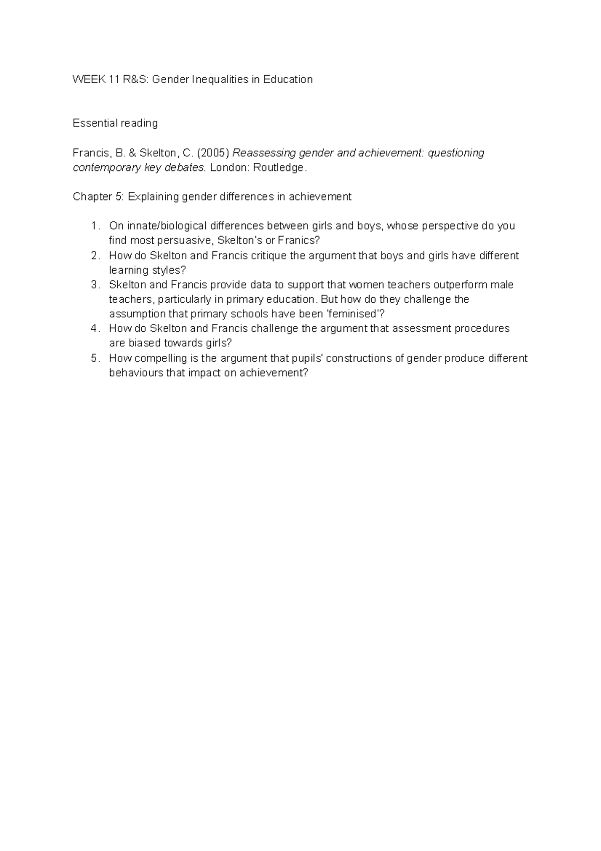 WEEK 11 R S Gender Inequalities in Education - WEEK 11 R&S: Gender ...