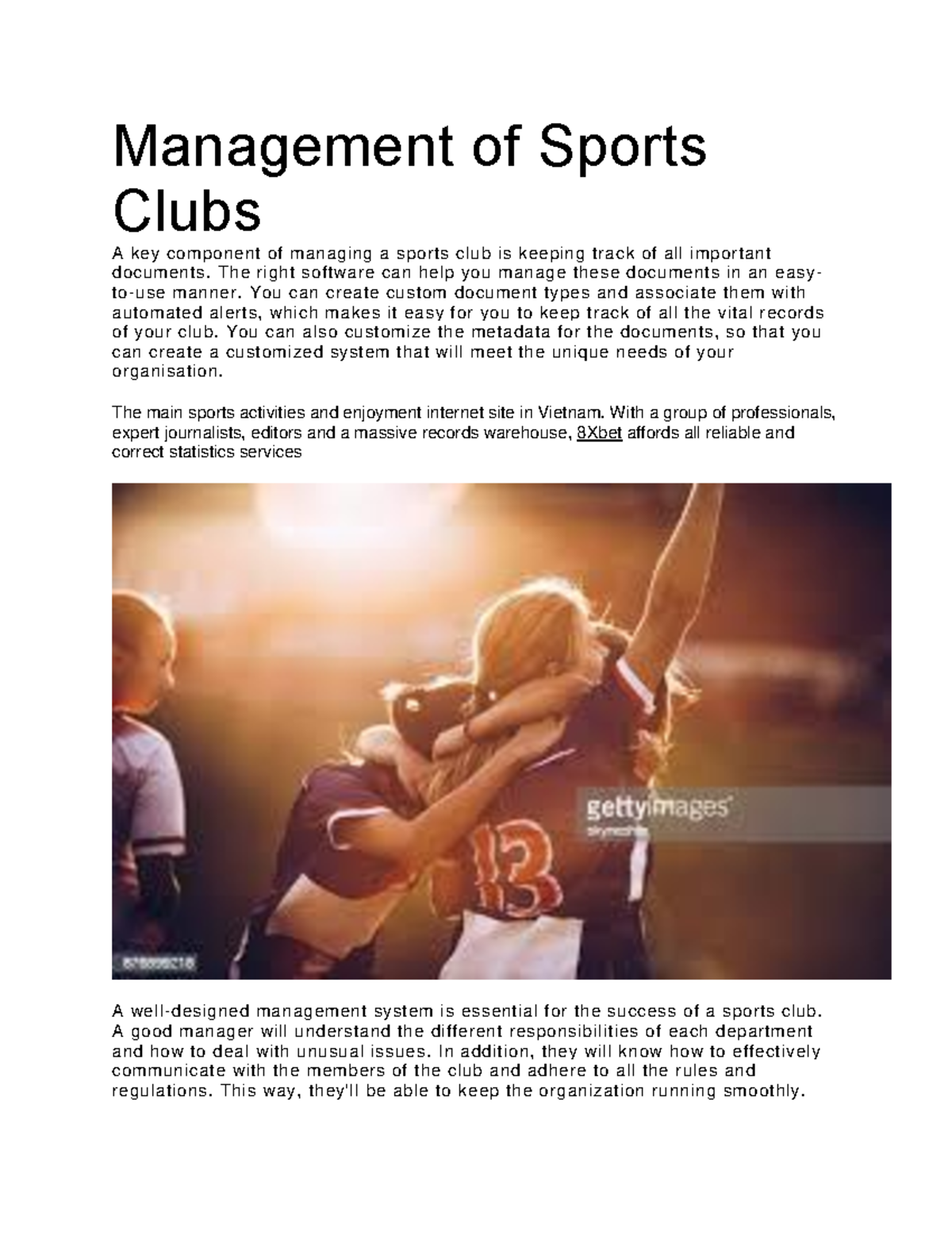Management of Sports Clubs Management of Sports Clubs A key component