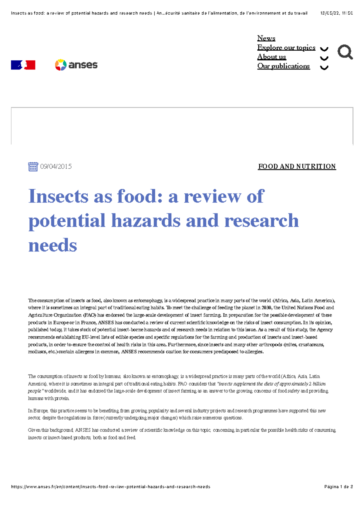 Insects as food: a review of potential hazards and research needs Anses ...