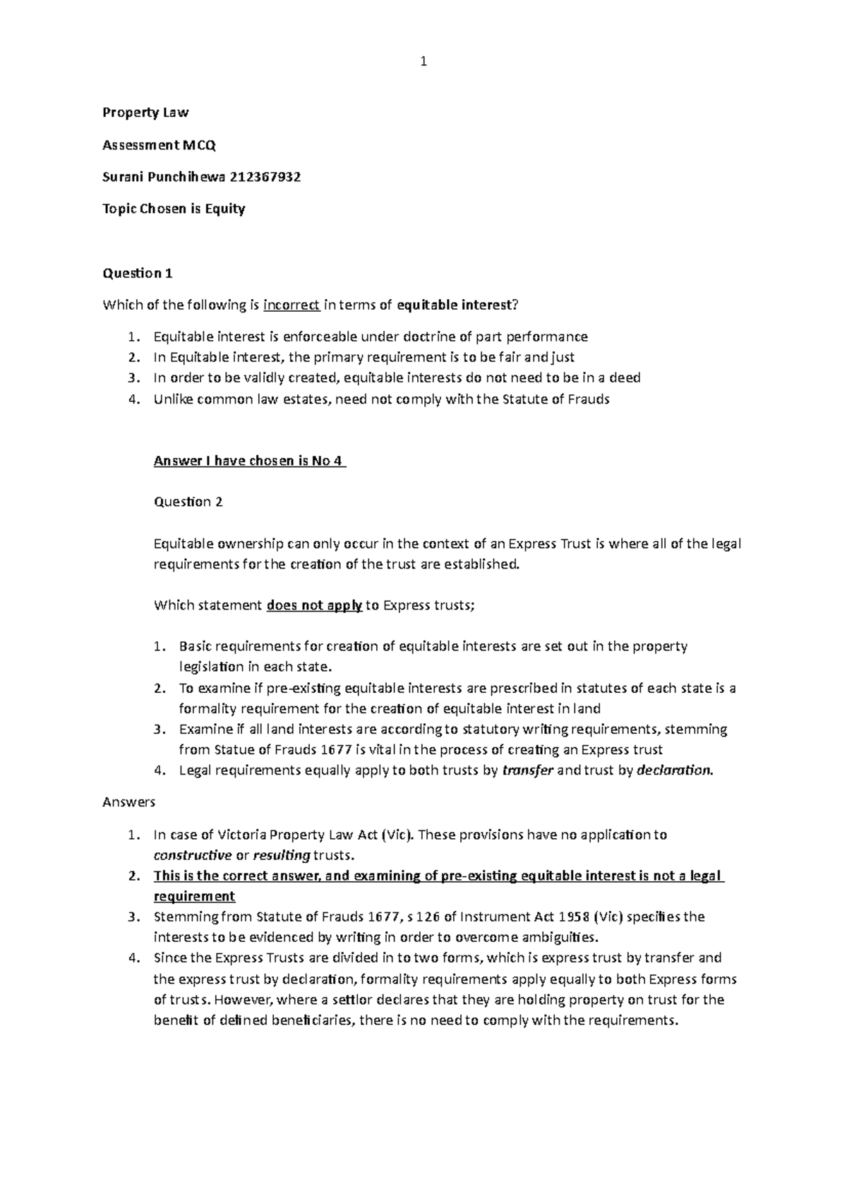 Property Law mcq - 1 Property Law Assessment MCQ Surani Punchihewa ...