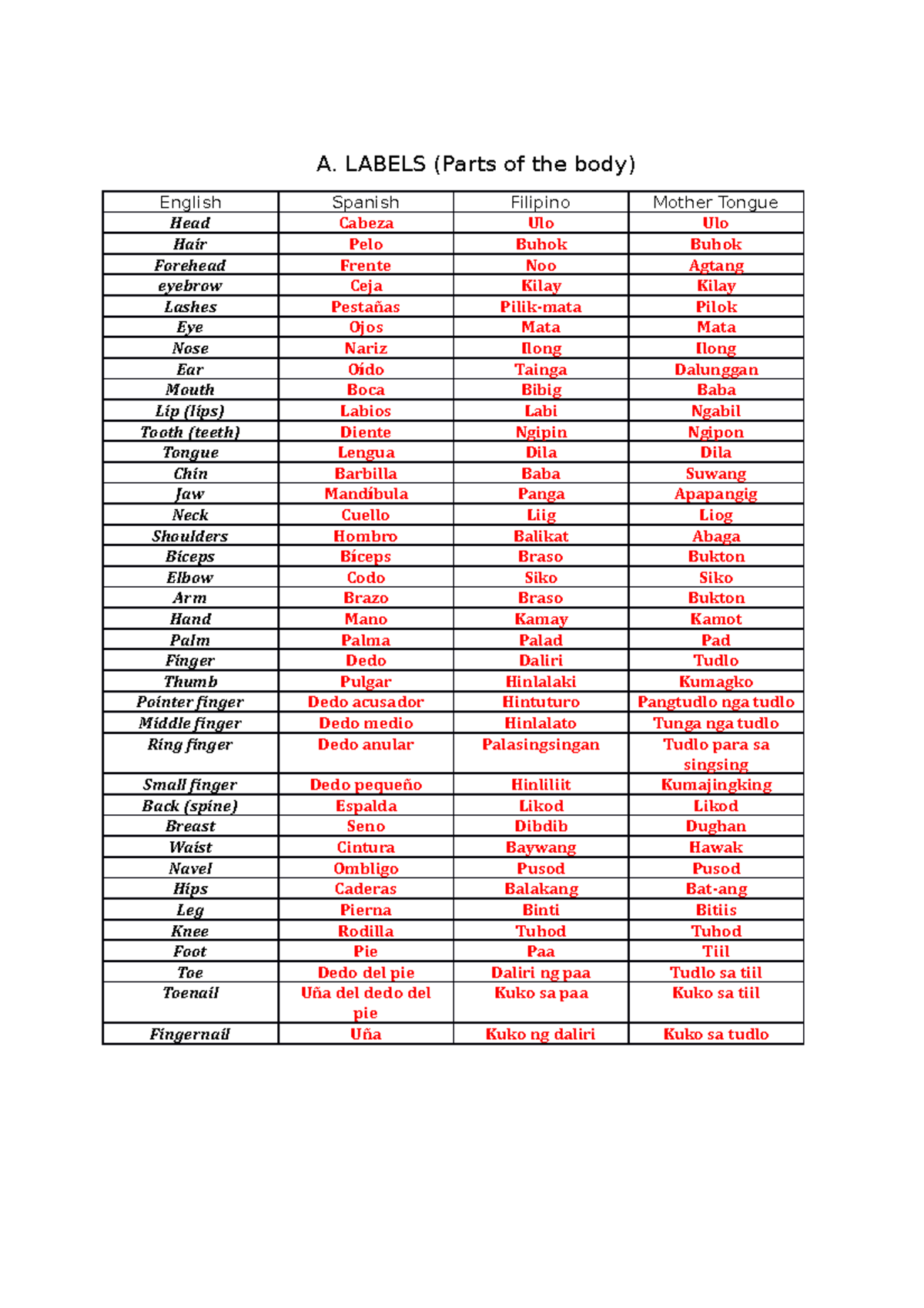 MTB Labels 1 mmm Study well A. LABELS (Parts of the body) English