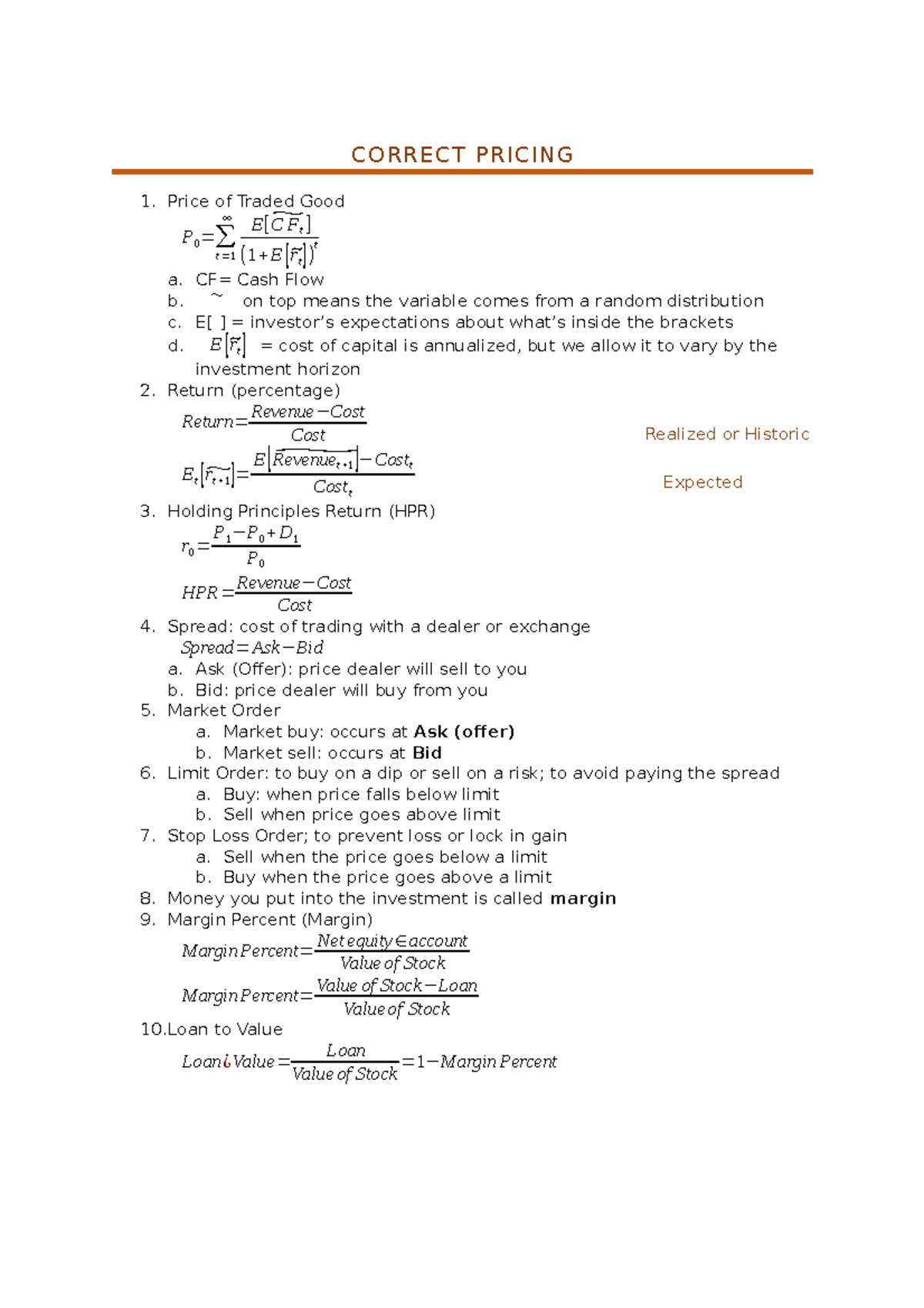 Formula Sheet - ####### CORRECT PRICING Price of Traded Good P 0 =∑ t ...
