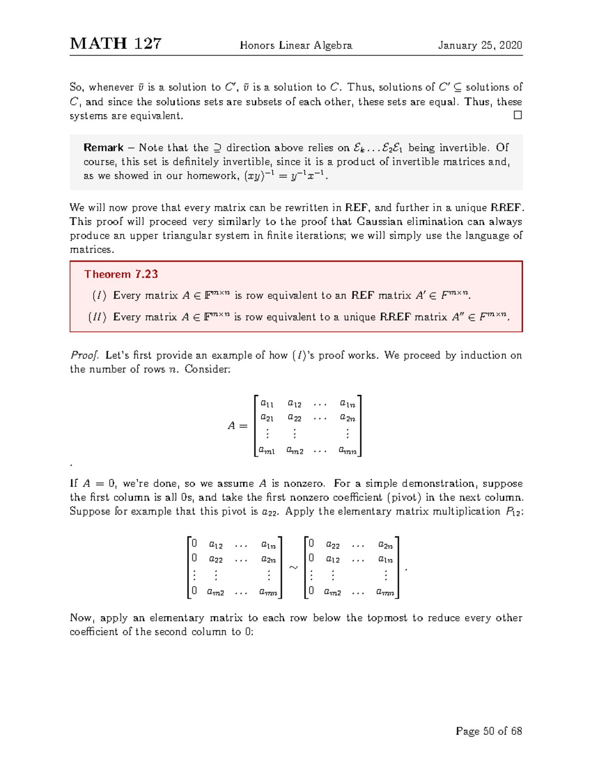 MATH 235-50 - Lecture notes 50 - MATH 127 Honors Linear Algebra January ...