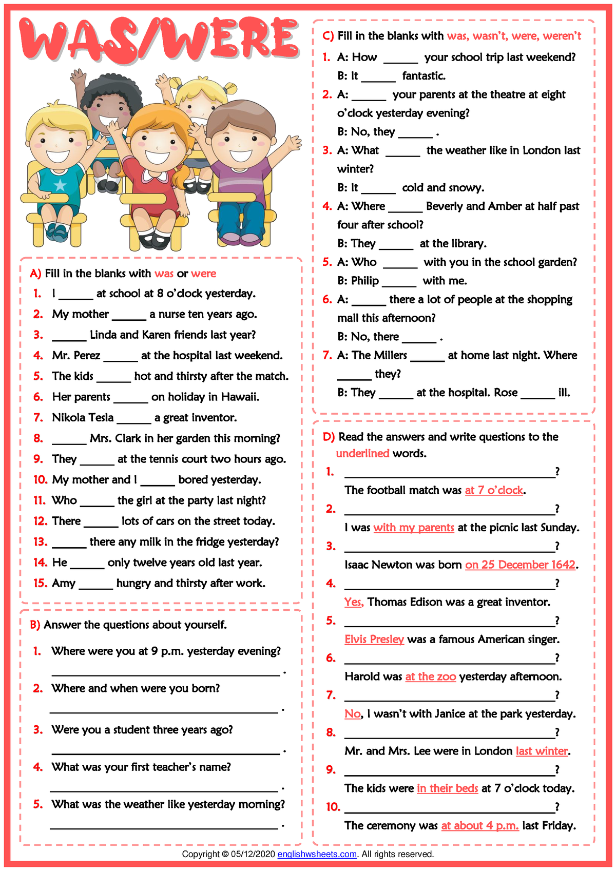 Past simple tense was were esl printable grammar test worksheet - B ...