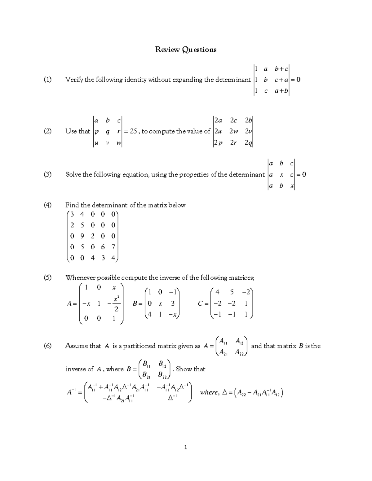 Econometrics Review Questions - Review Questions (1) Verify the ...