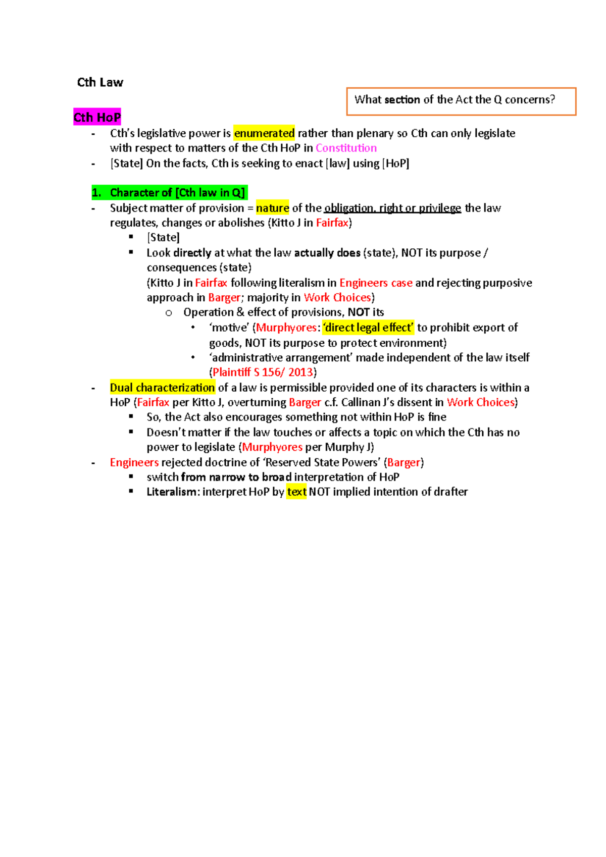 Consti exam notes - Cth Law What section of the Act the Q concerns? Cth ...