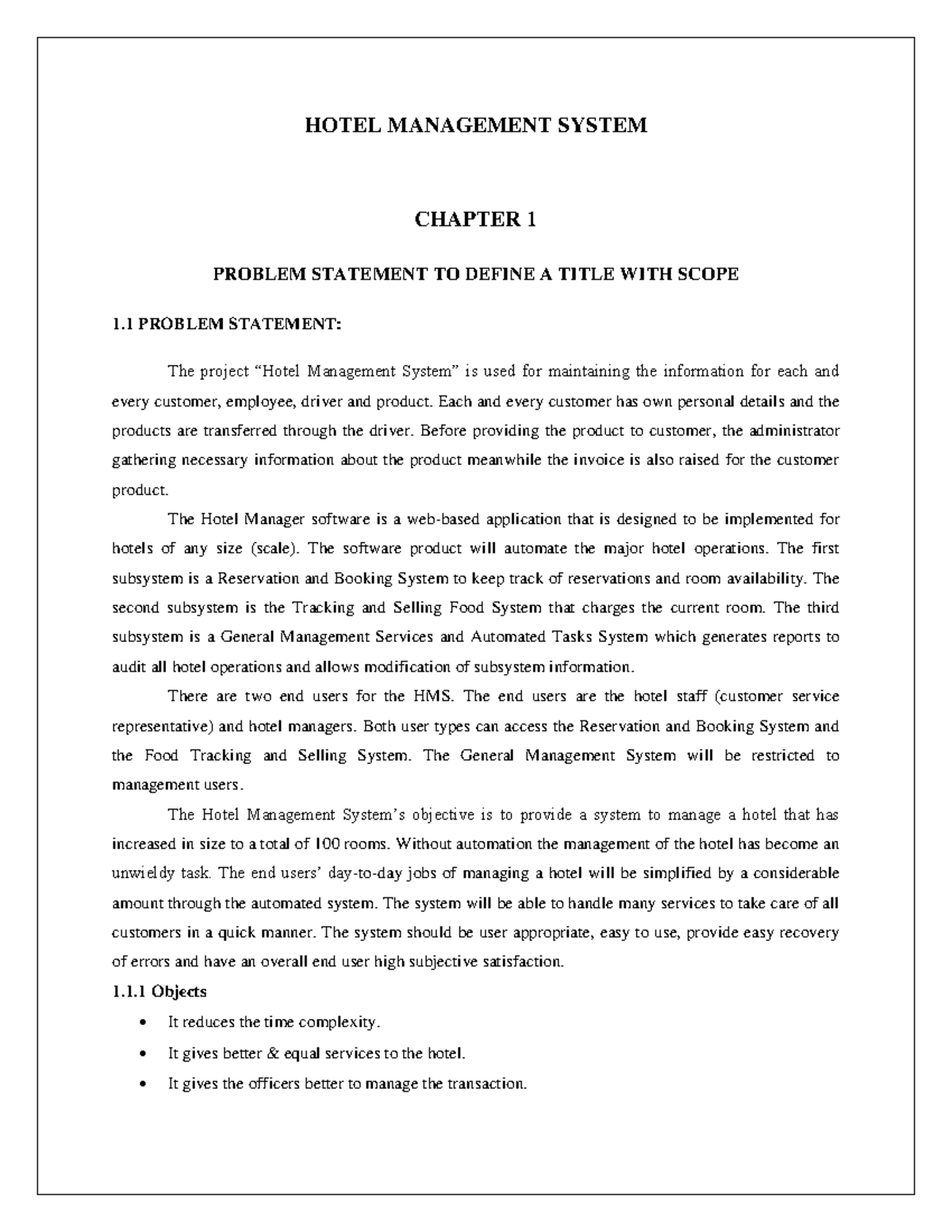 SE LAB - SE LAB - aaa - HOTEL MANAGEMENT SYSTEM CHAPTER 1 PROBLEM ...