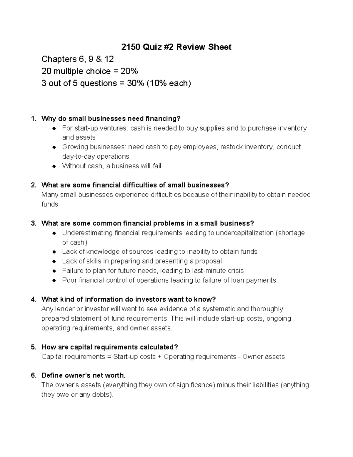 Entrepreneurship Quiz #2 Review - 2150 Quiz #2 Review Sheet Chapters 6 ...