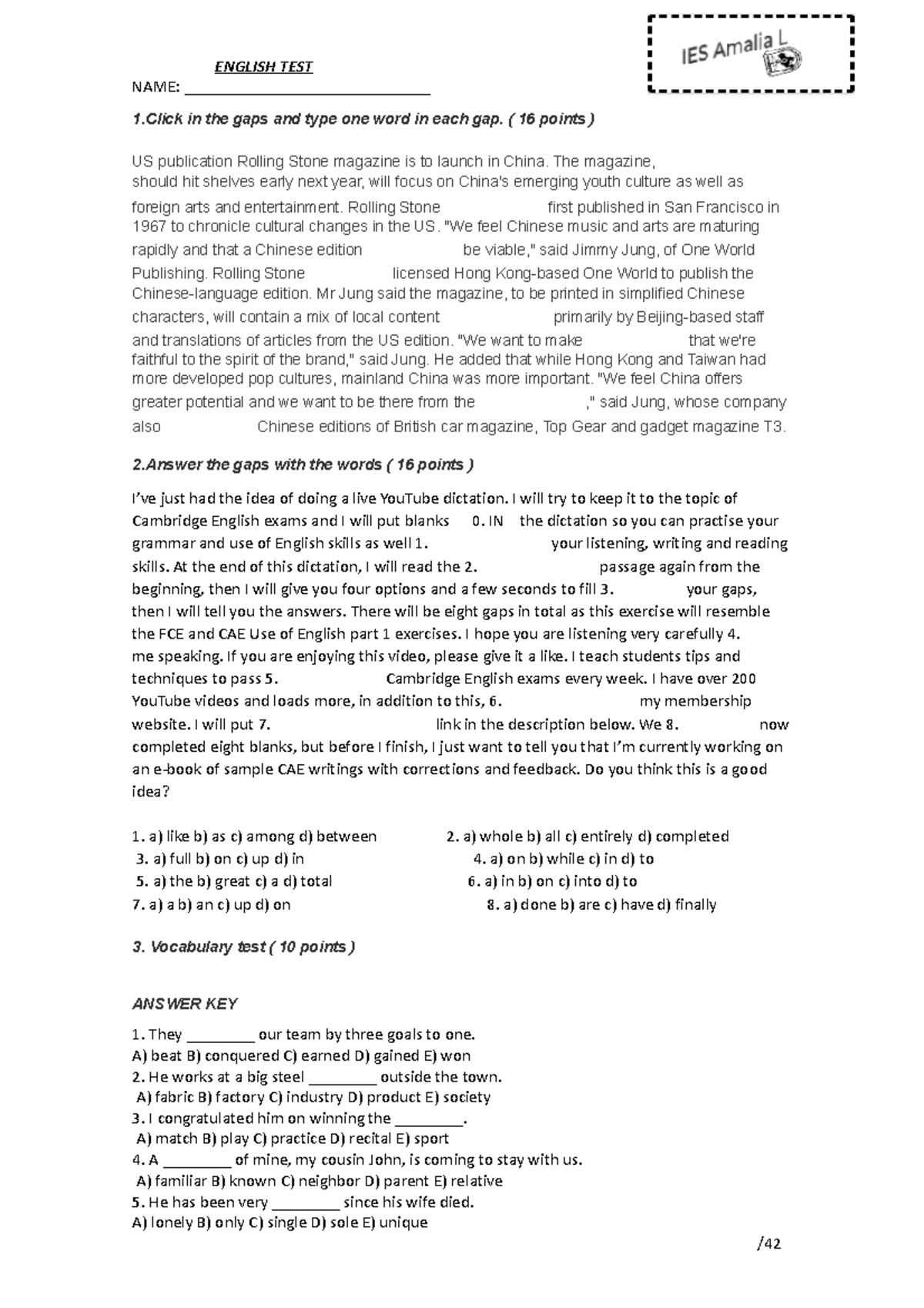 ENG Level TEST 3 ESO english exam! ENGLISH TEST NAME