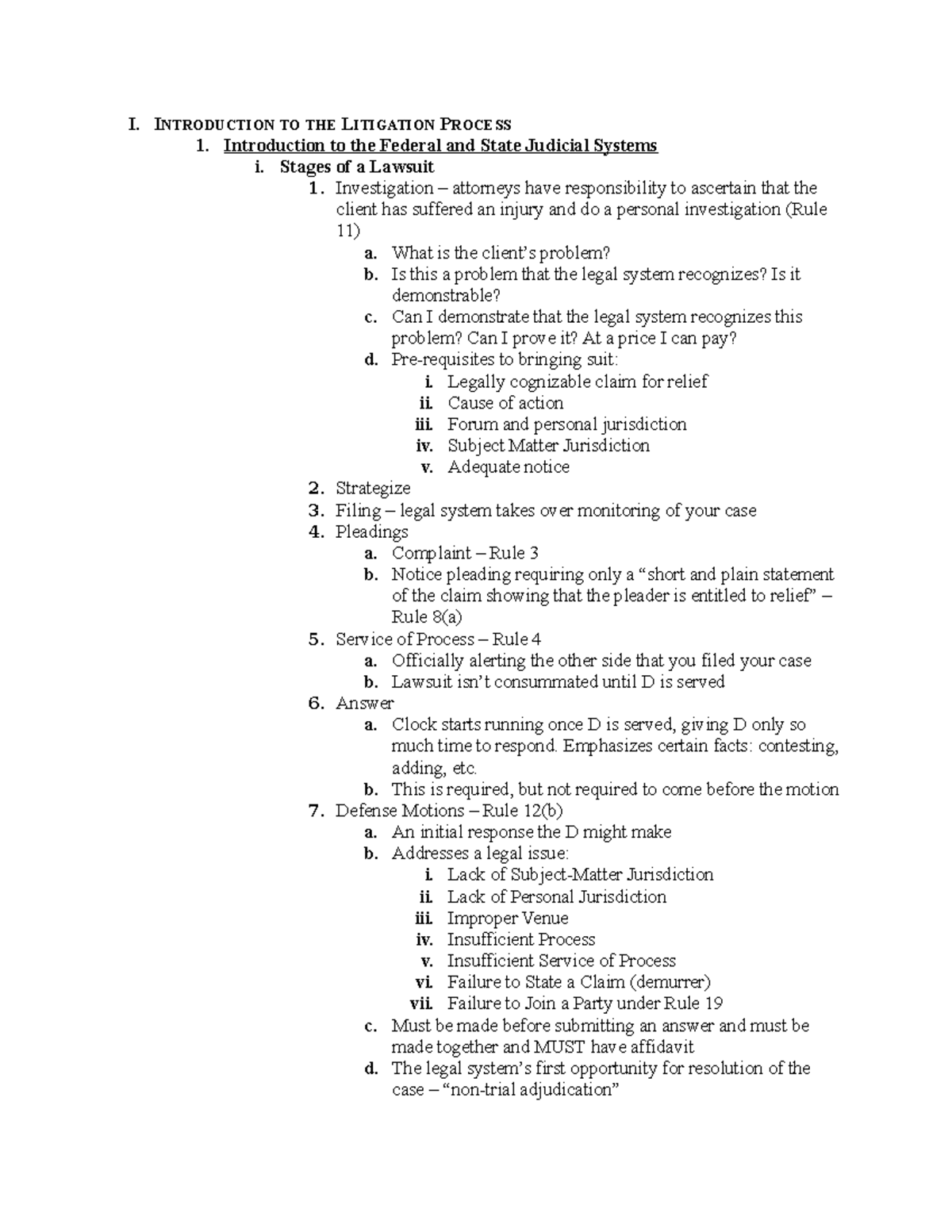 Civil Procedure - Prof Winters - I. INTRODUCTION TO THE LITIGATION ...