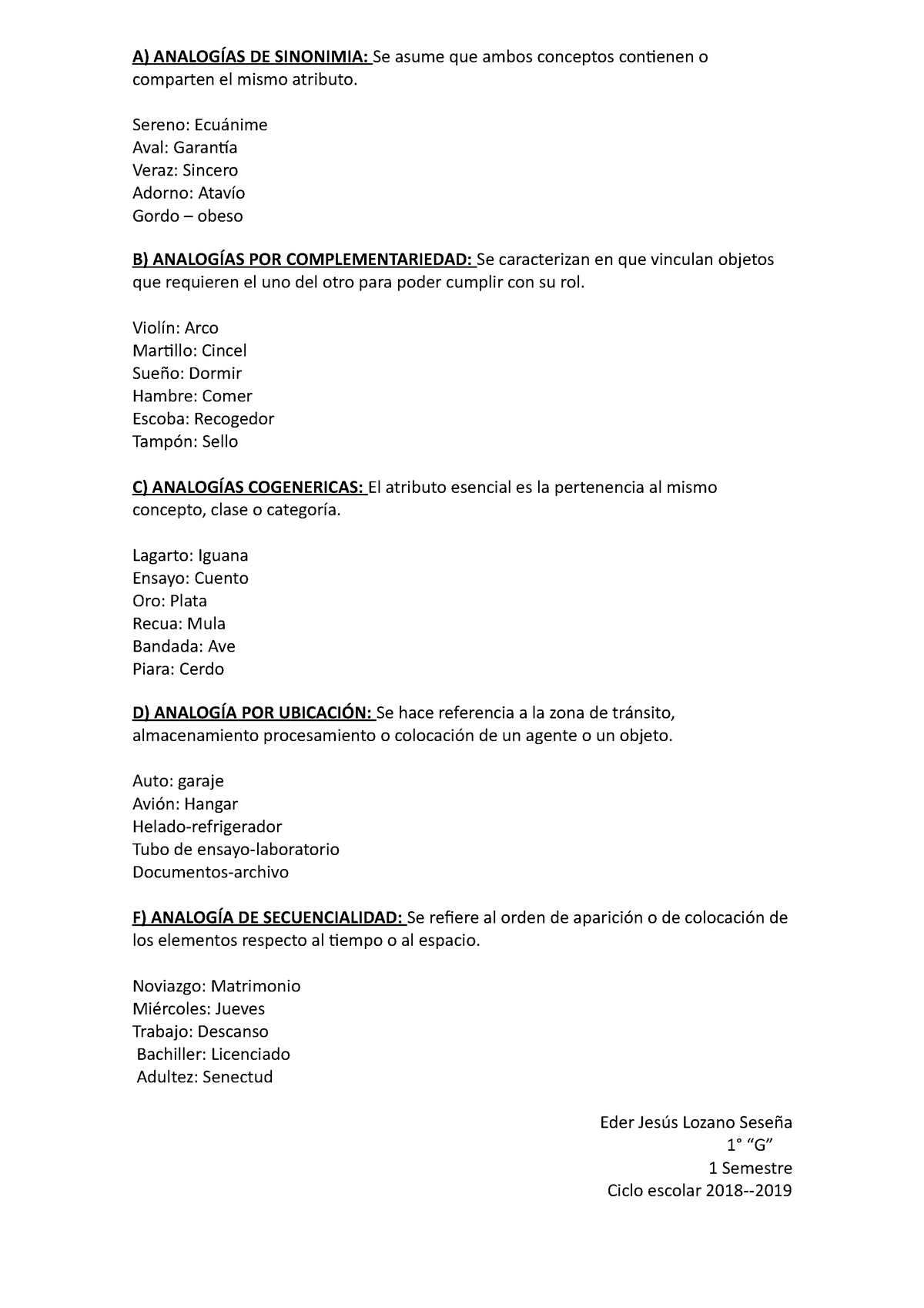 Analogias-2 - EJEMPLOS DE ANALOGIAS - A) ANALOGÍAS DE SINONIMIA: Se asume  que ambos conceptos - Studocu