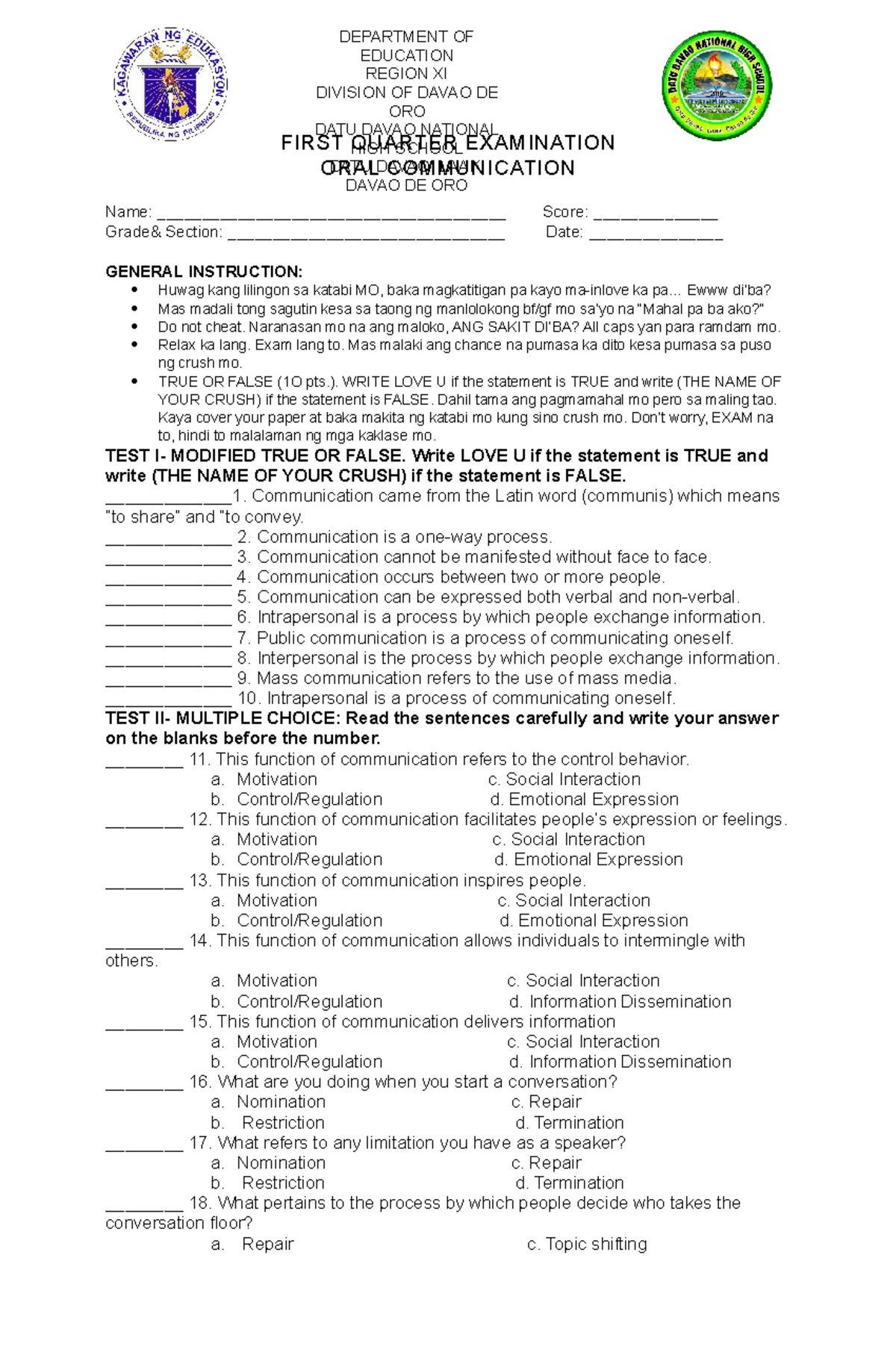 Exam EXAM FOR ORAL COMMUNICATION FIRST QUARTER EXAMINATION ORAL