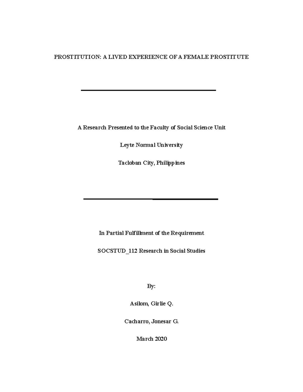 A lived experience of a female prostitute ( Thesis) - PROSTITUTION: A ...