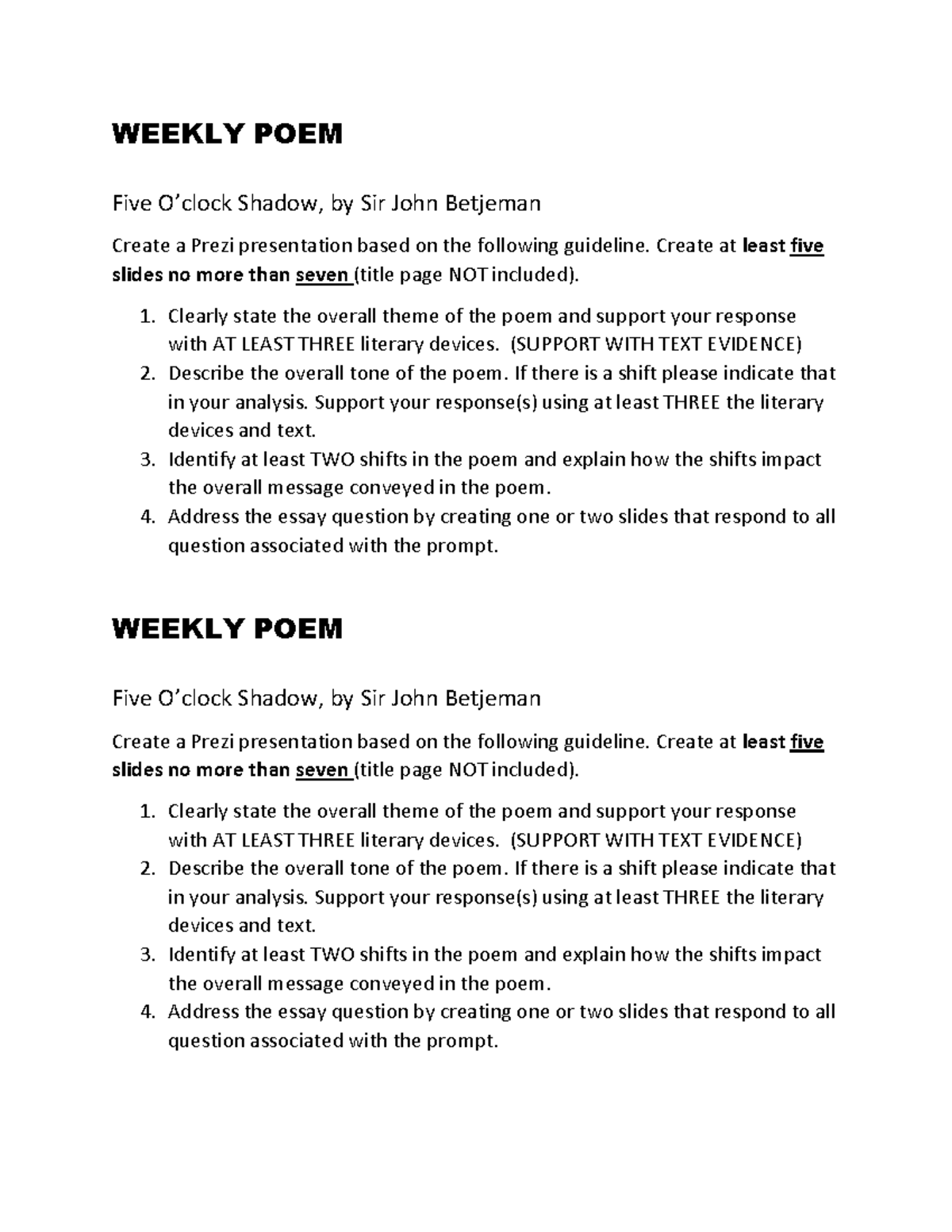 Weekly POEM Five Oclock Shadow Guidelines WEEKLY POEM Five O’clock
