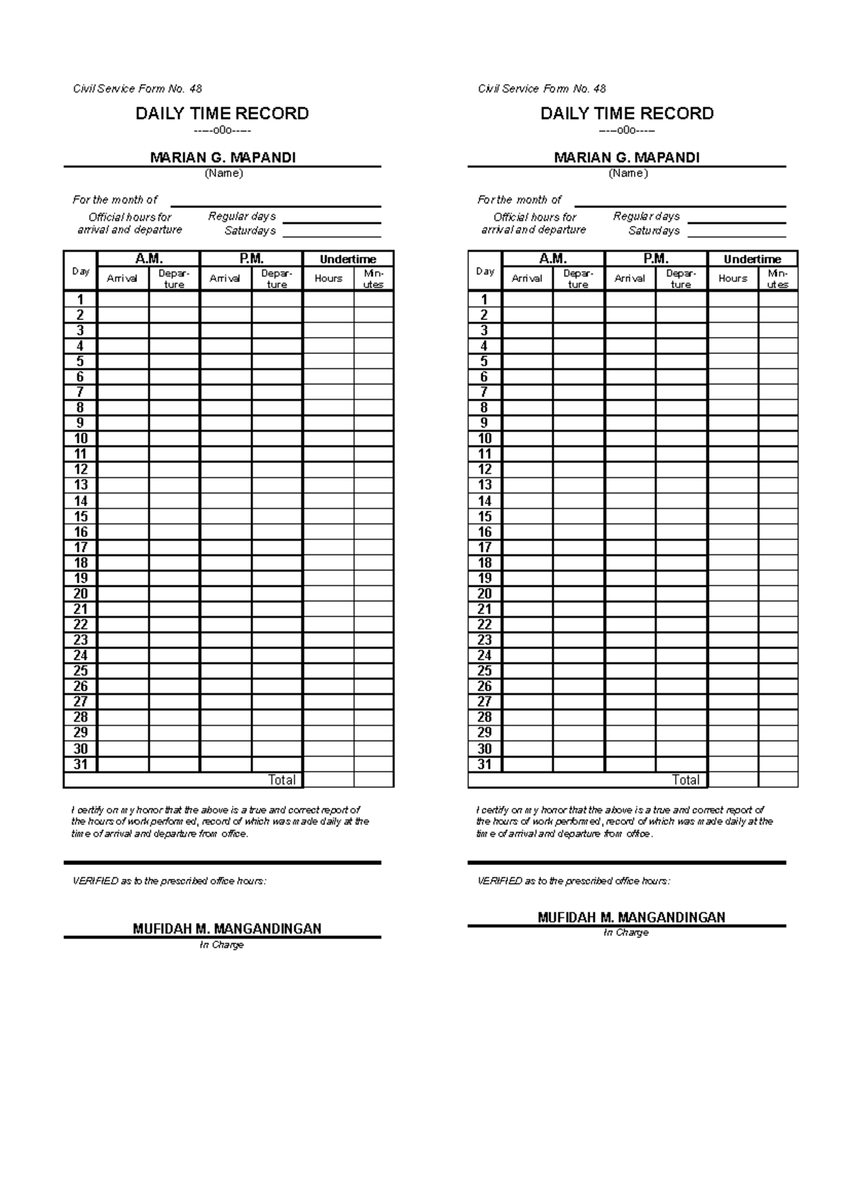 Appendix 24 - This is for a job. - Civil Service Form No. 48 DAILY TIME ...