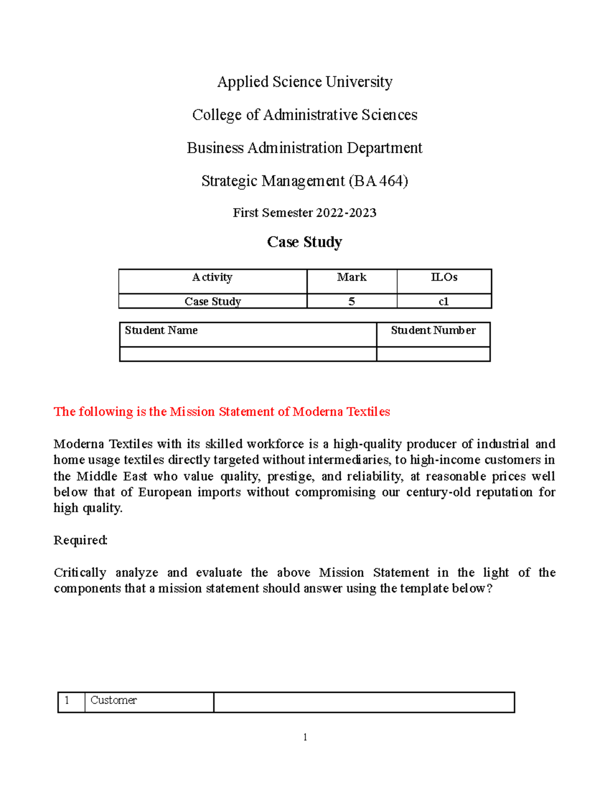 Case Study - To analyse - Applied Science University College of ...