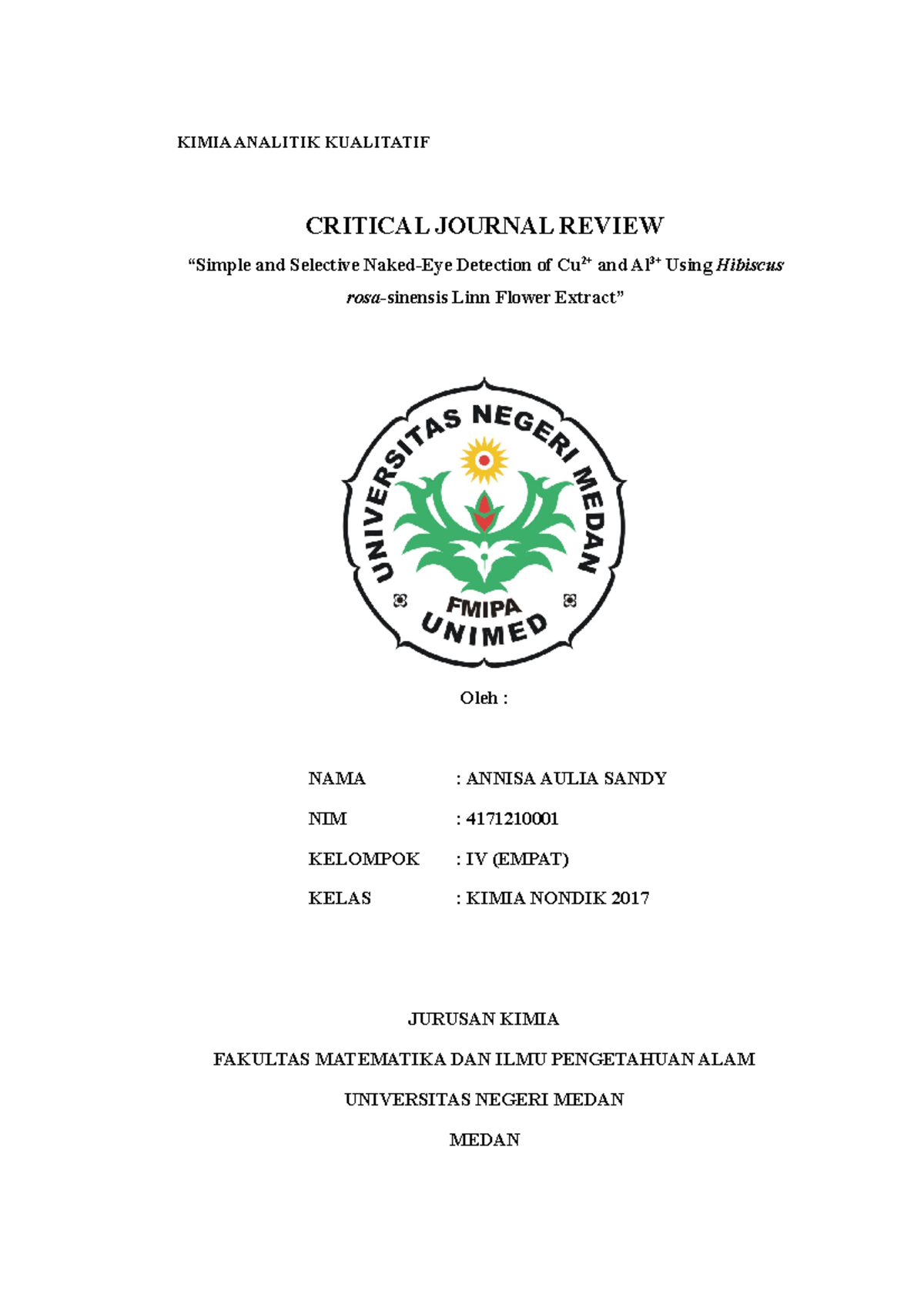 Annis Ulia S CJR - Tugas - KIMIA ANALITIK KUALITATIF CRITICAL JOURNAL ...