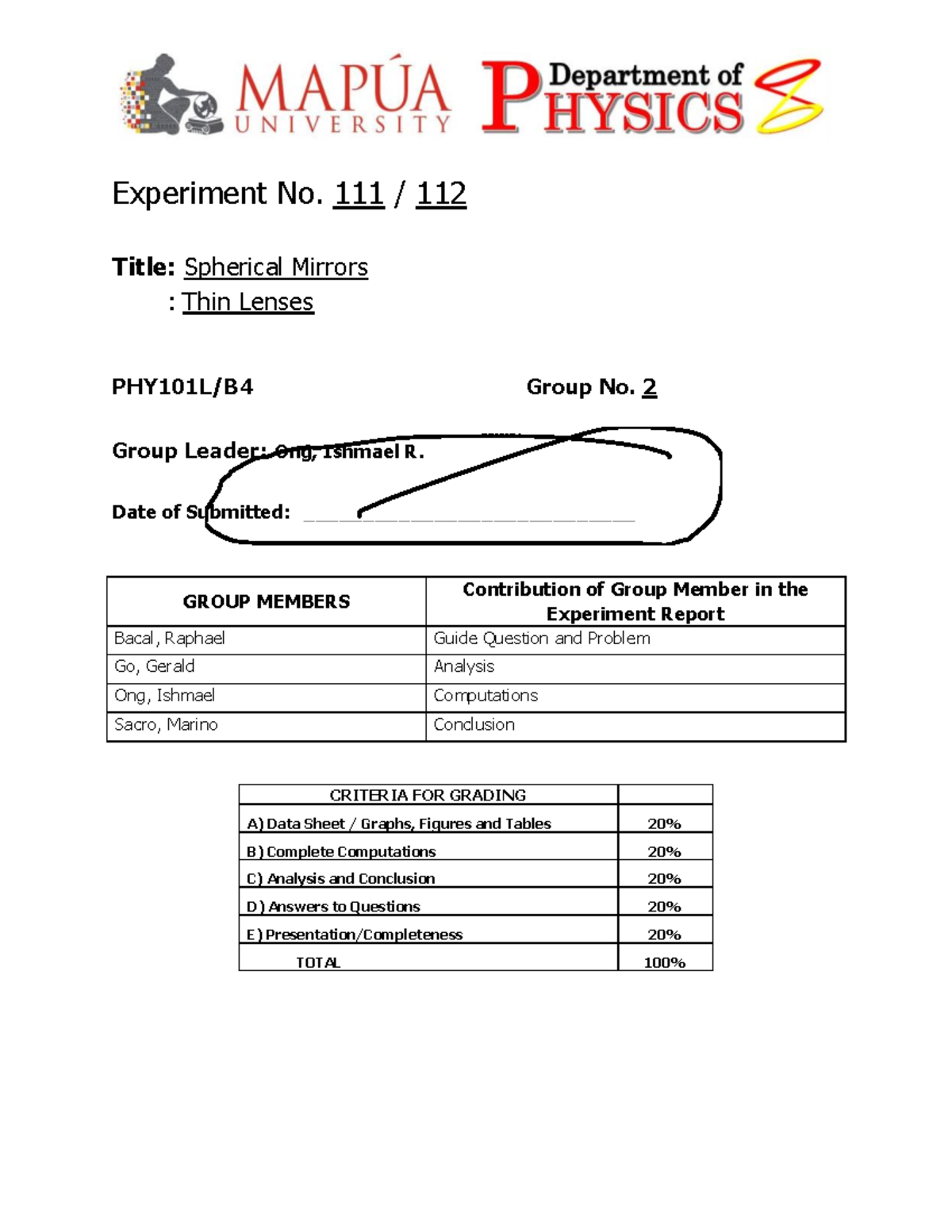 LabReport111 112 Notes for the Lab Report Experiment No. 111 / 112 Title Spherical