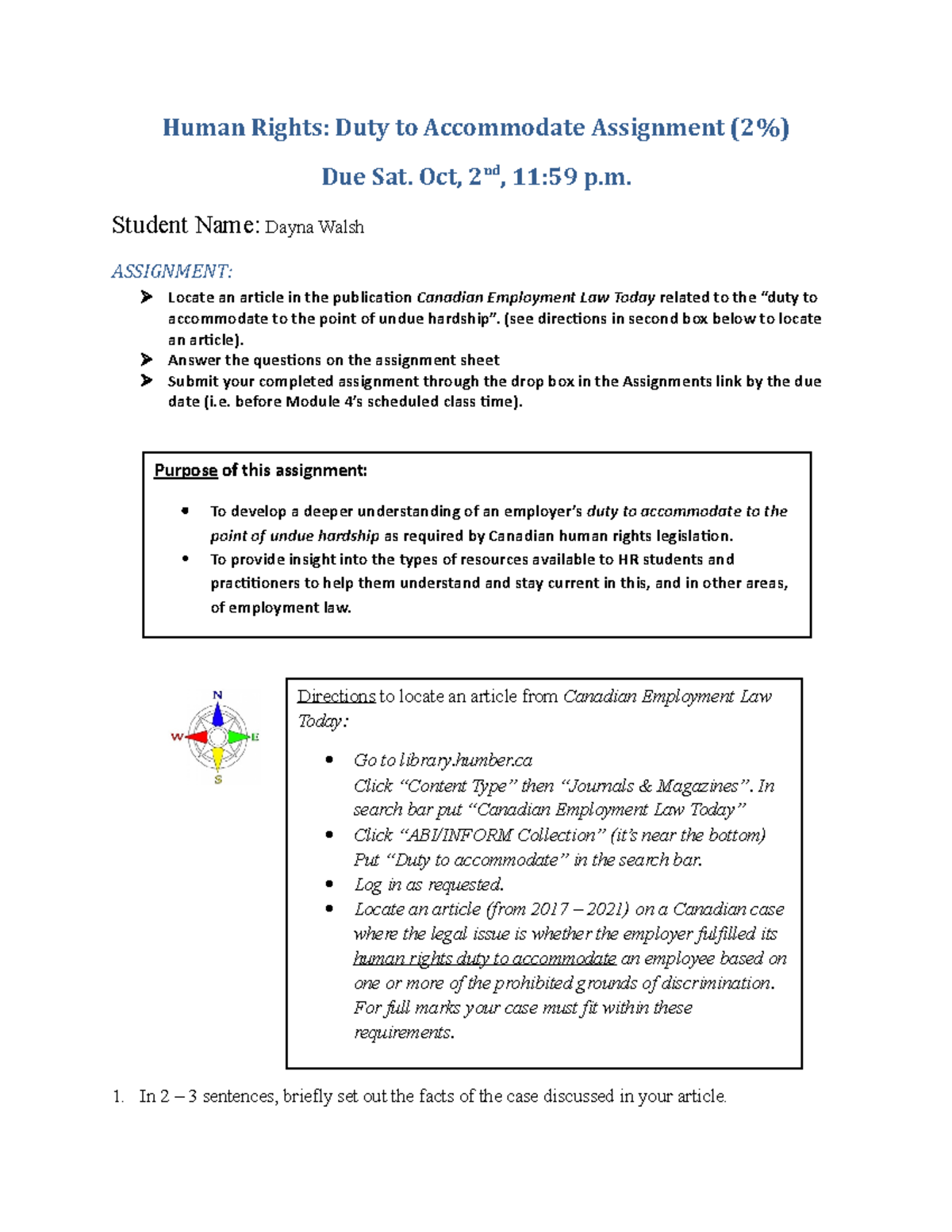 Duty to Accommodate Assignment F21 - LAWS 405 - Humber College - Studocu