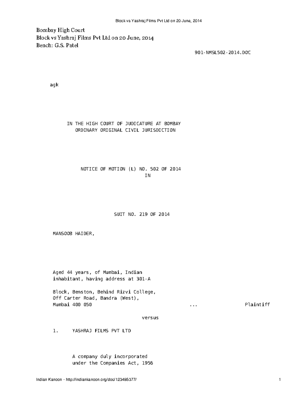 Block vs Yashraj Films Case Bombay High Court Block vs Yashraj