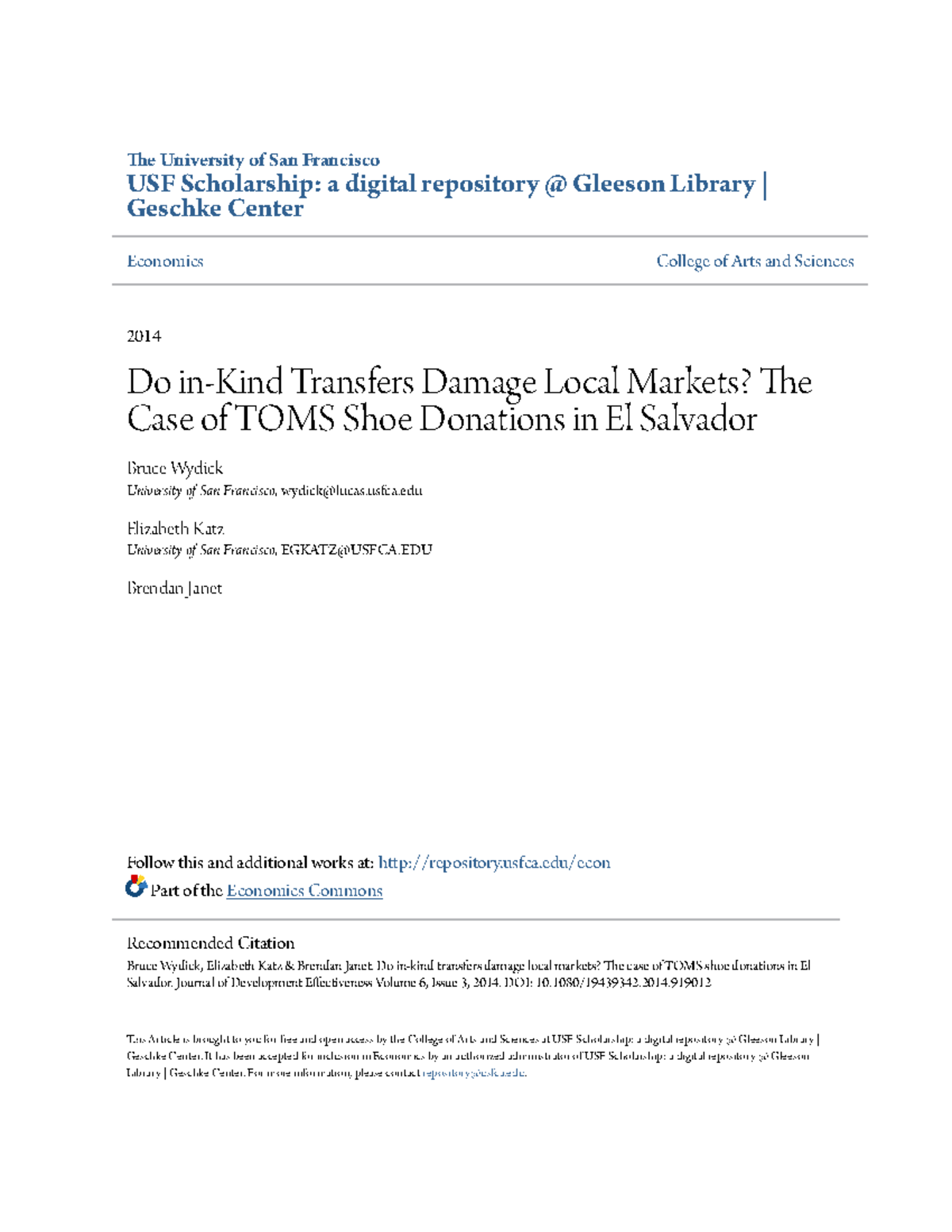 Do inKind Transfers Damage Local Markets The Case of TOMS Shoe The University of San