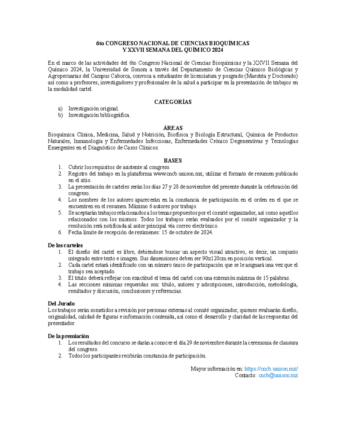 Convocatoria CNCB 2024 - 6to CONGRESO NACIONAL DE CIENCIAS BIOQUÍMICAS ...