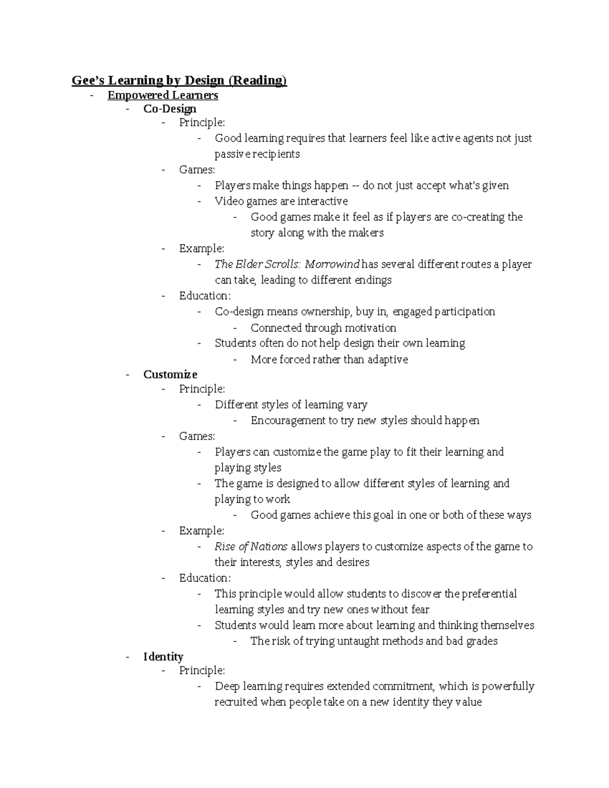 Week 1 Gee's Principles Notes - Gee’s Learning by Design (Reading ...