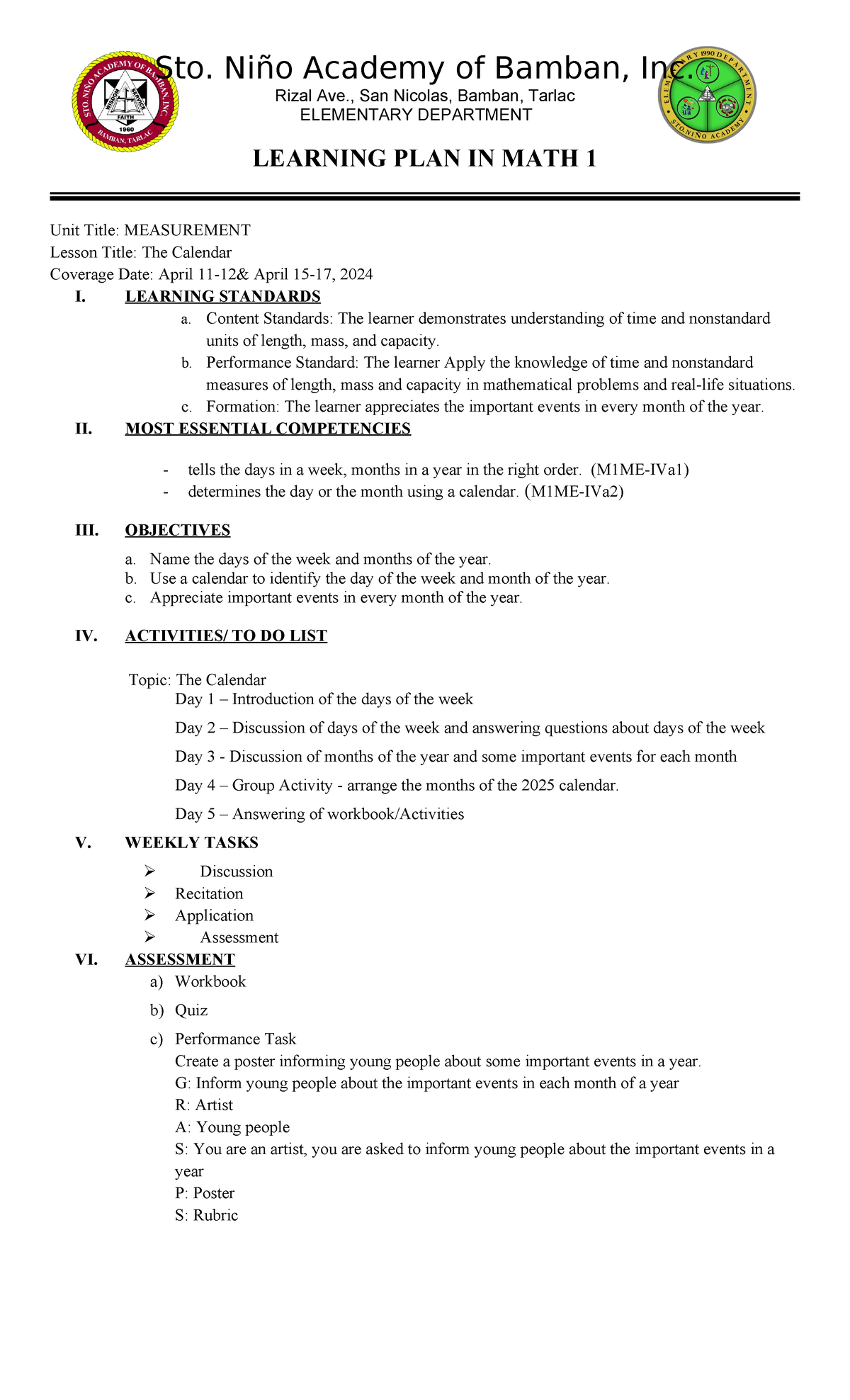 Weekly learning plan Math 1 - Sto. Niño Academy of Bamban, Inc. Rizal ...
