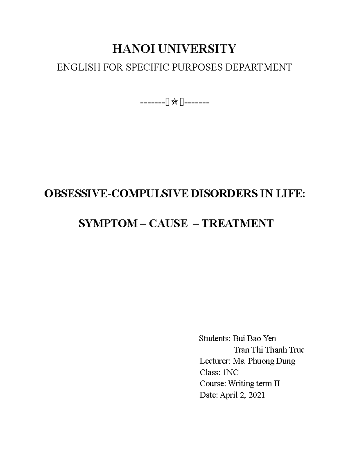 OBSESSIVE-COMPULSIVE DISORDERS IN LIFE - HANOI UNIVERSITY ENGLISH FOR ...