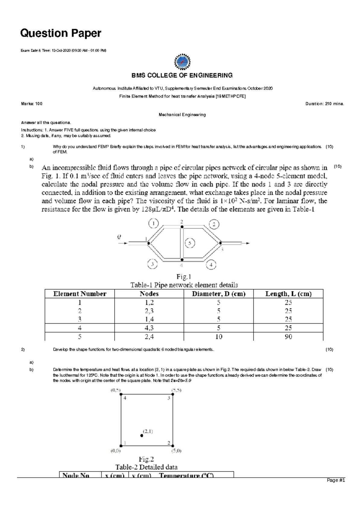 FEM HA MAKE UP 201920 question paper 2 1) a) b) 2) a) b) Question